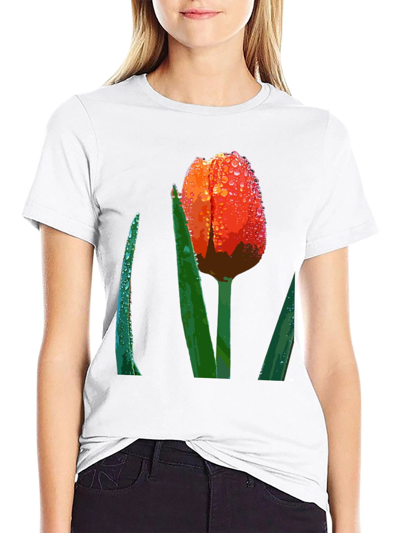 Tulip Dewdrop Graphic Tee - Unique Floral Design