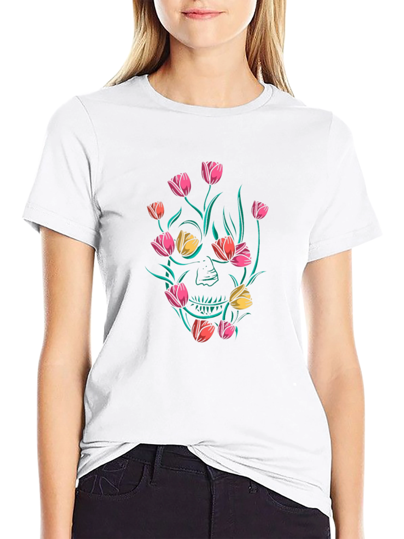 Floral Skull Graphic Black T-Shirt