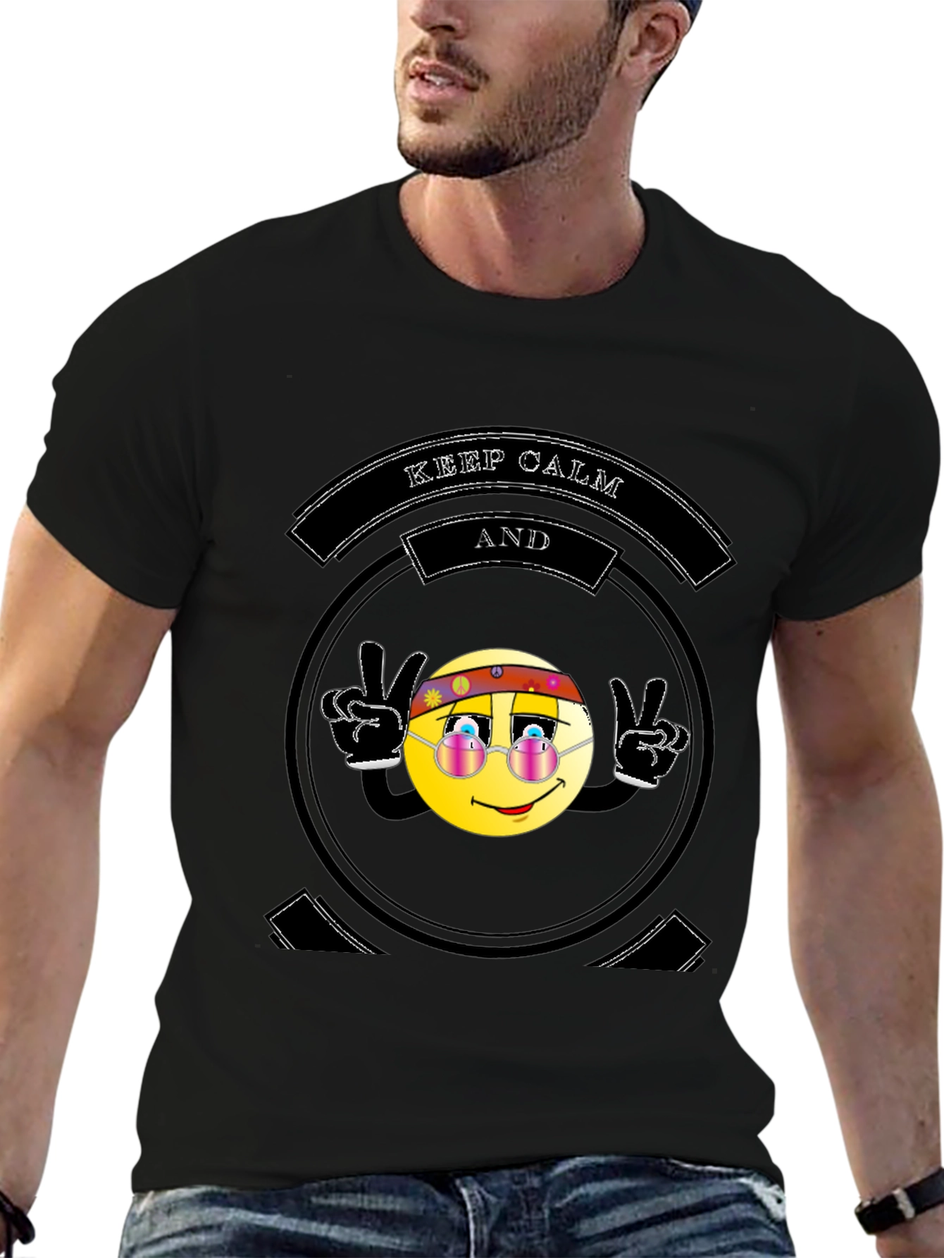 Keep Calm Hippie Emoji Black T-Shirt