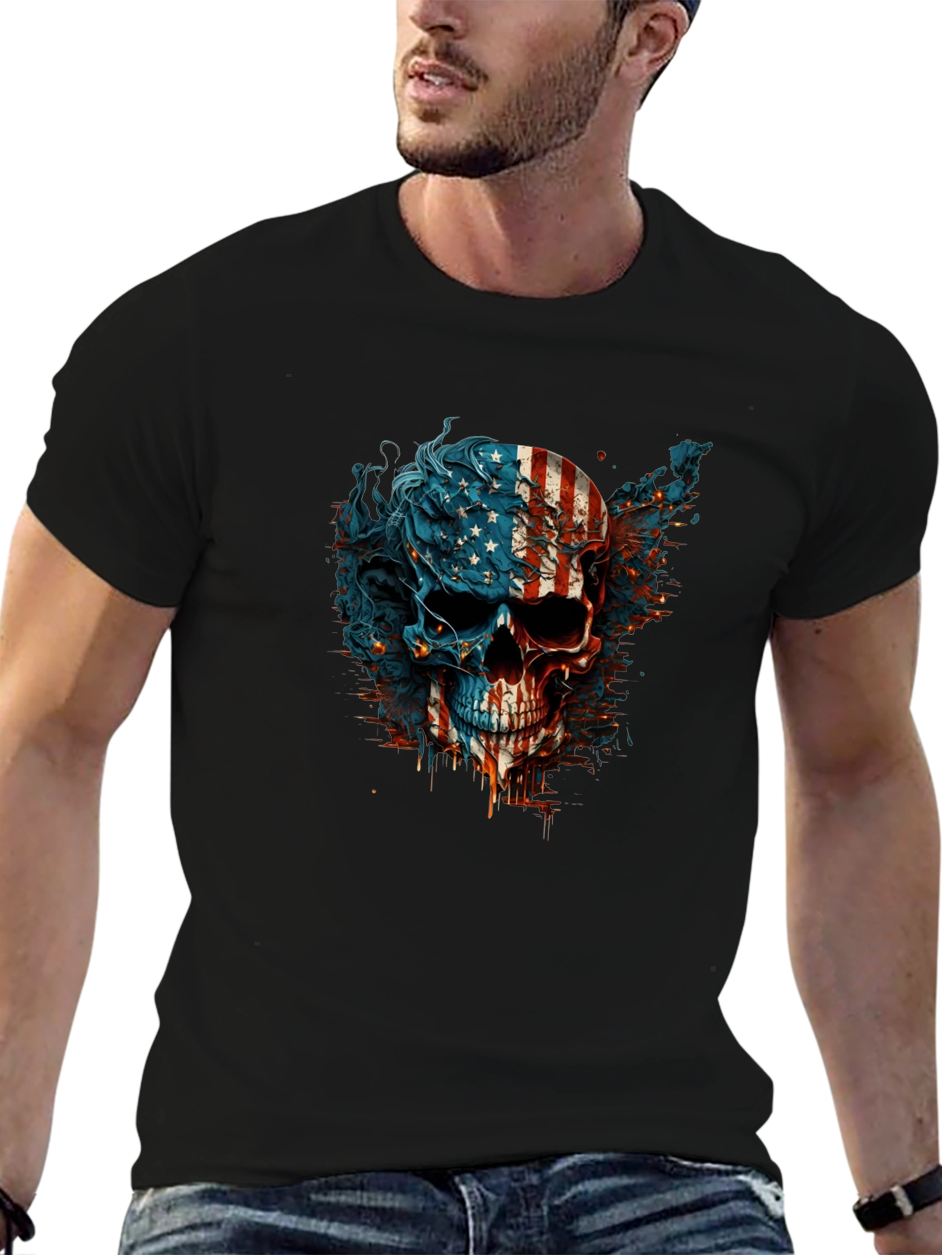American Flag Skull Graphic Black T-Shirt