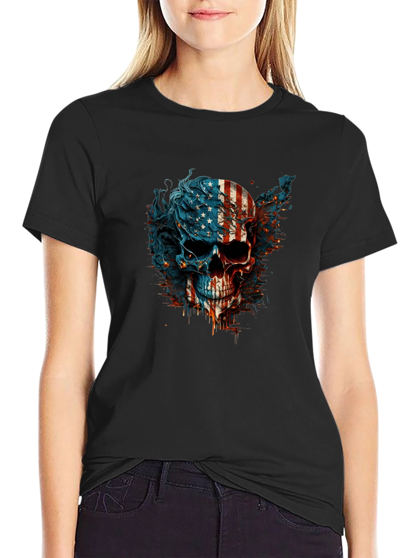 American Flag Skull Graphic Black T-Shirt