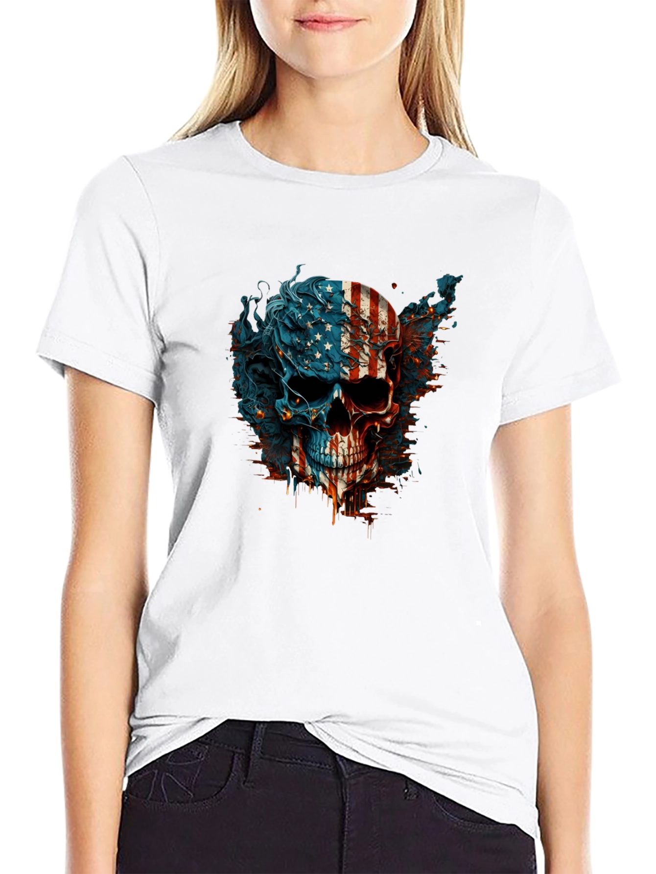 American Flag Skull Graphic Black T-Shirt