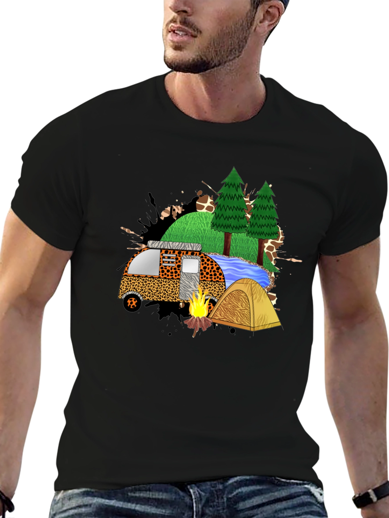 Camping Adventure Black Graphic T-Shirt