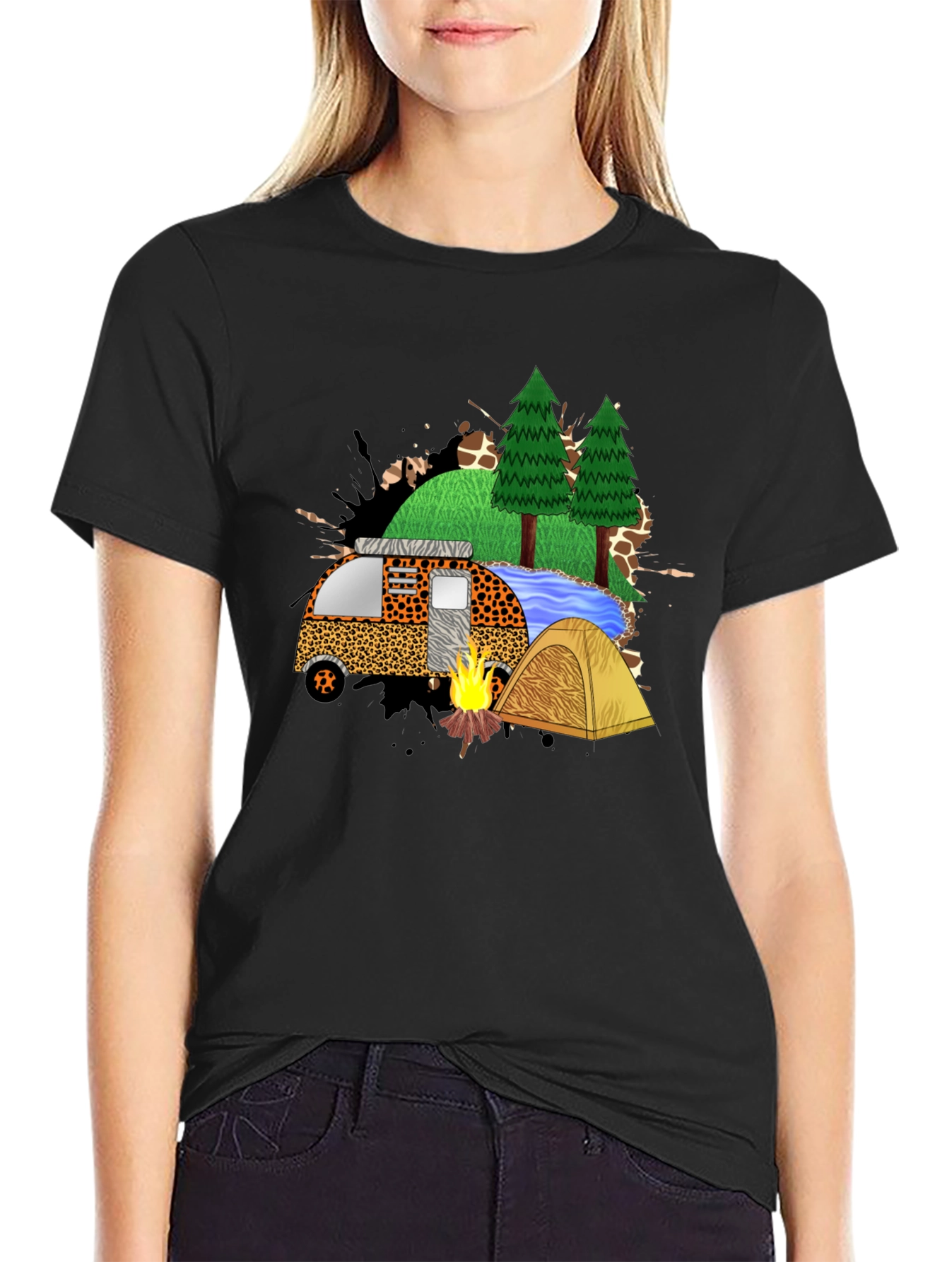 Camping Adventure Black Graphic T-Shirt