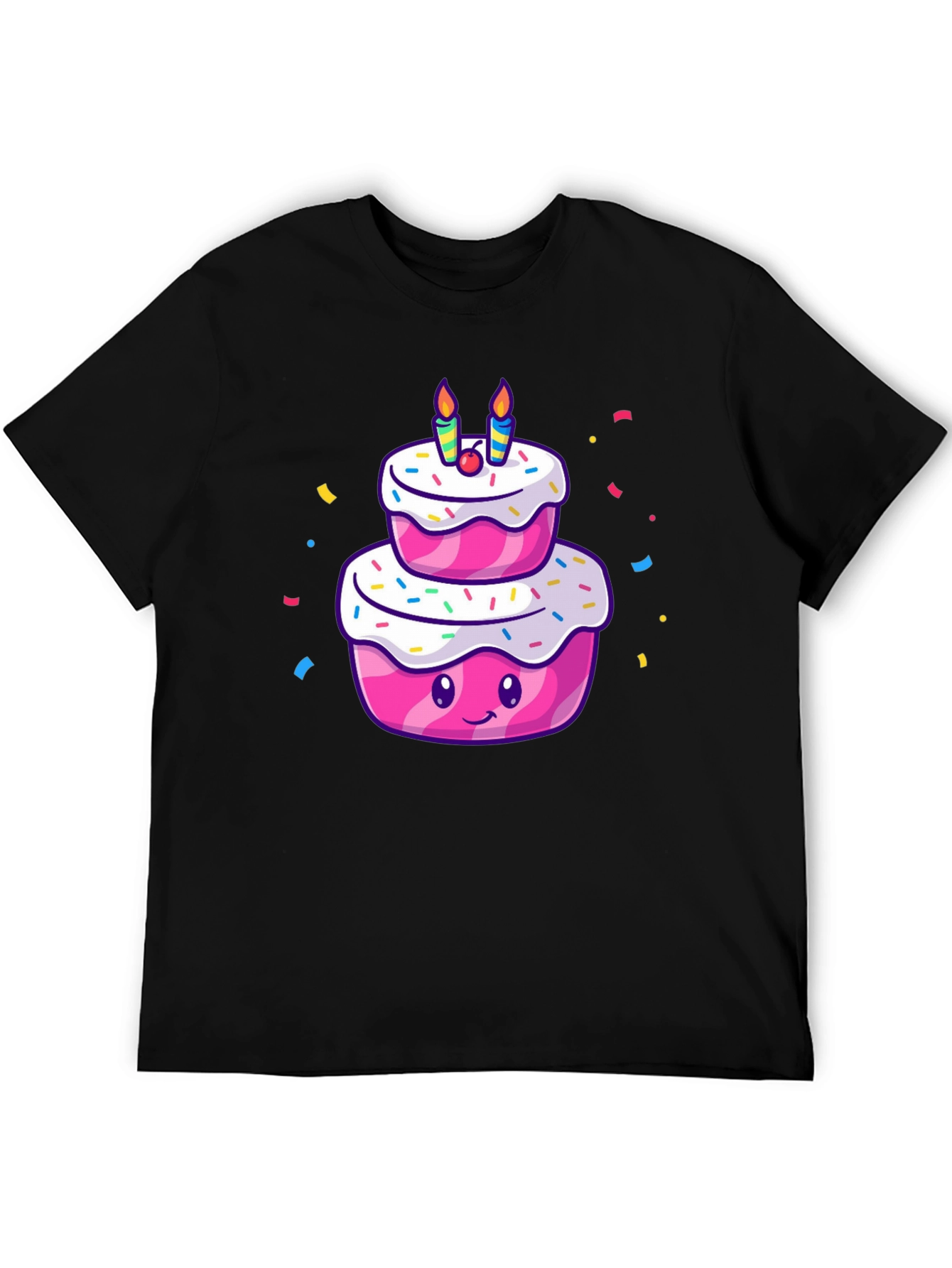 Cartoon Birthday Cake T-Shirt - Black Cotton Tee