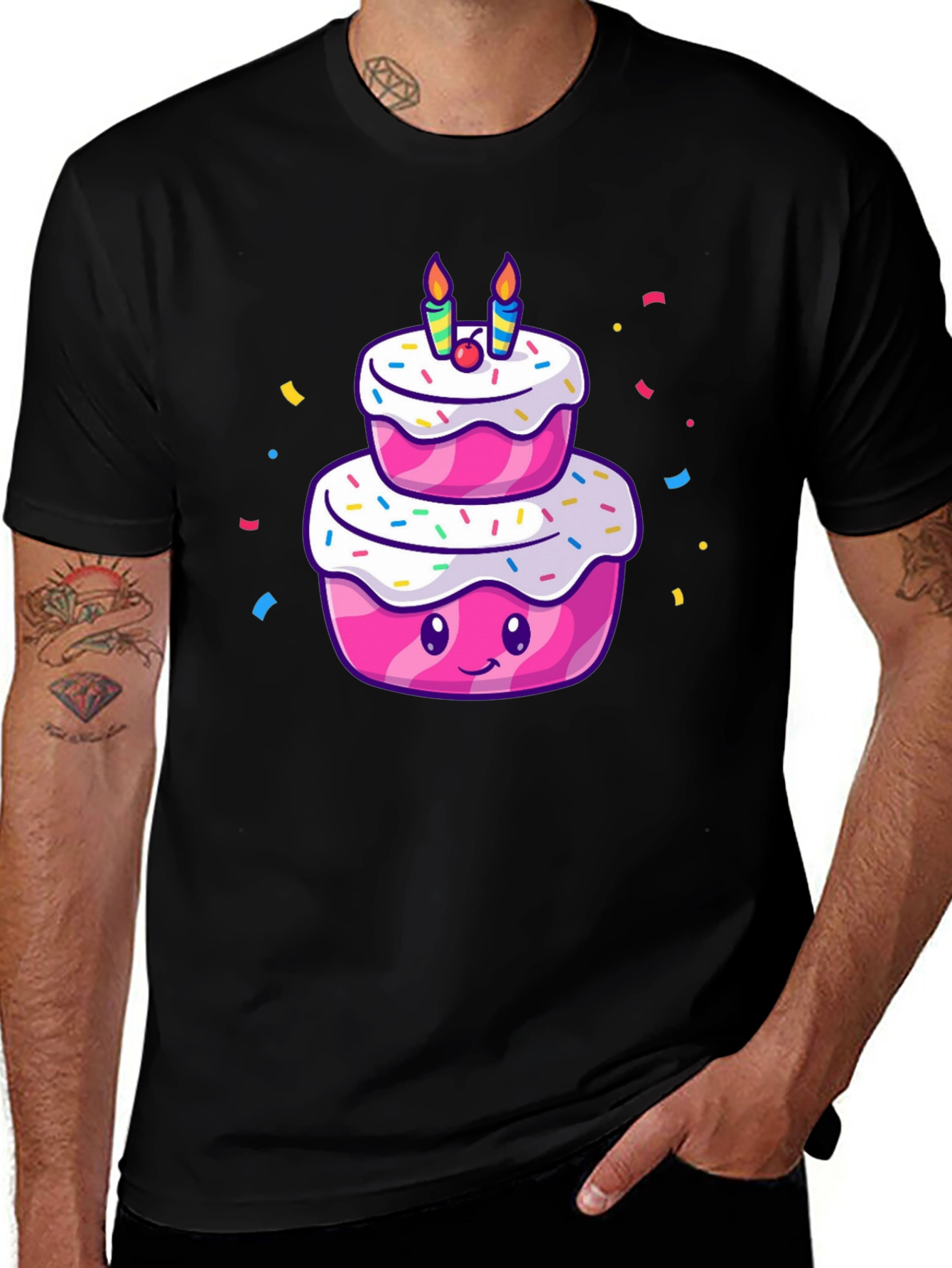 Cartoon Birthday Cake T-Shirt - Black Cotton Tee