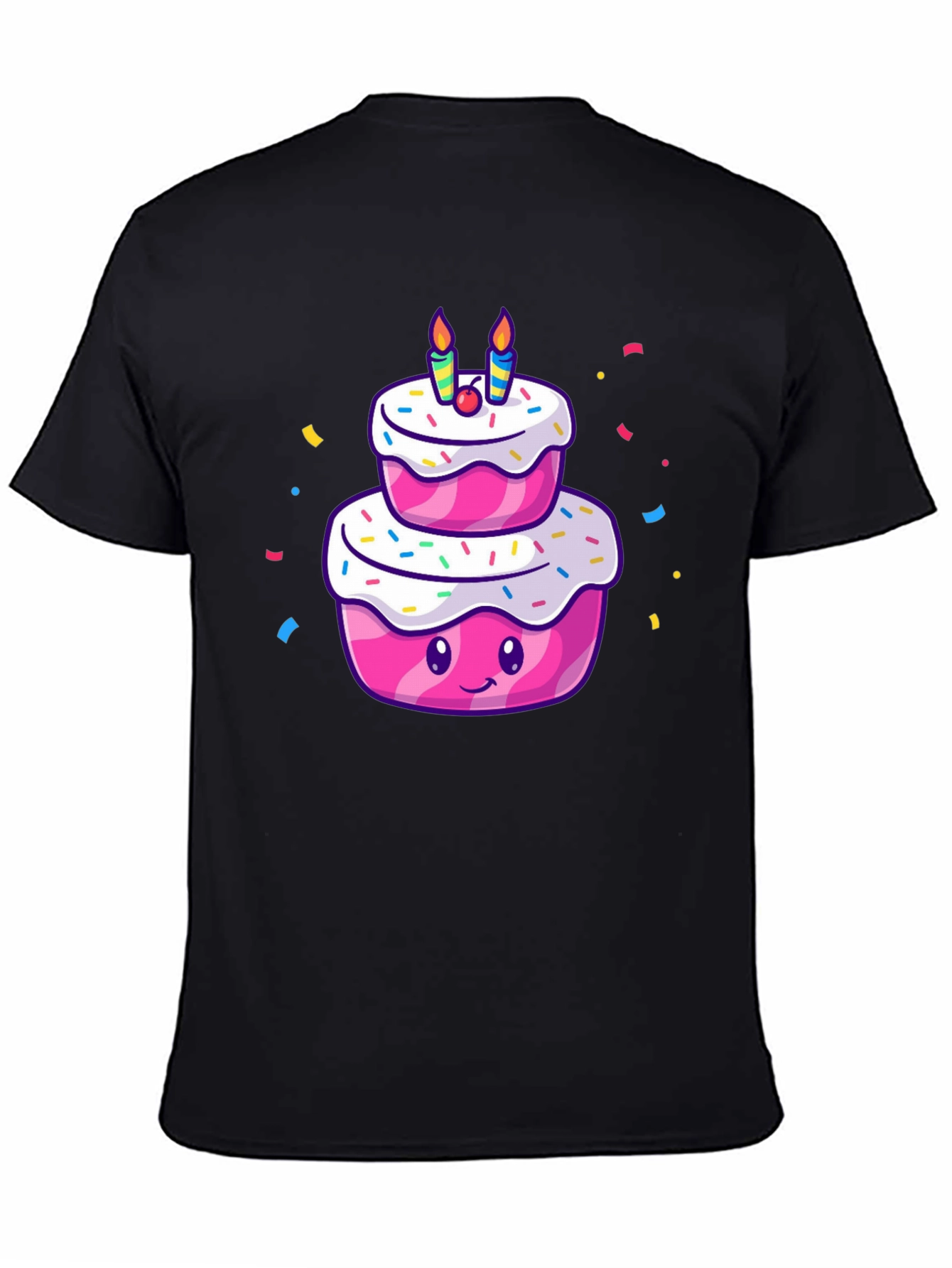 Cartoon Birthday Cake T-Shirt - Black Cotton Tee