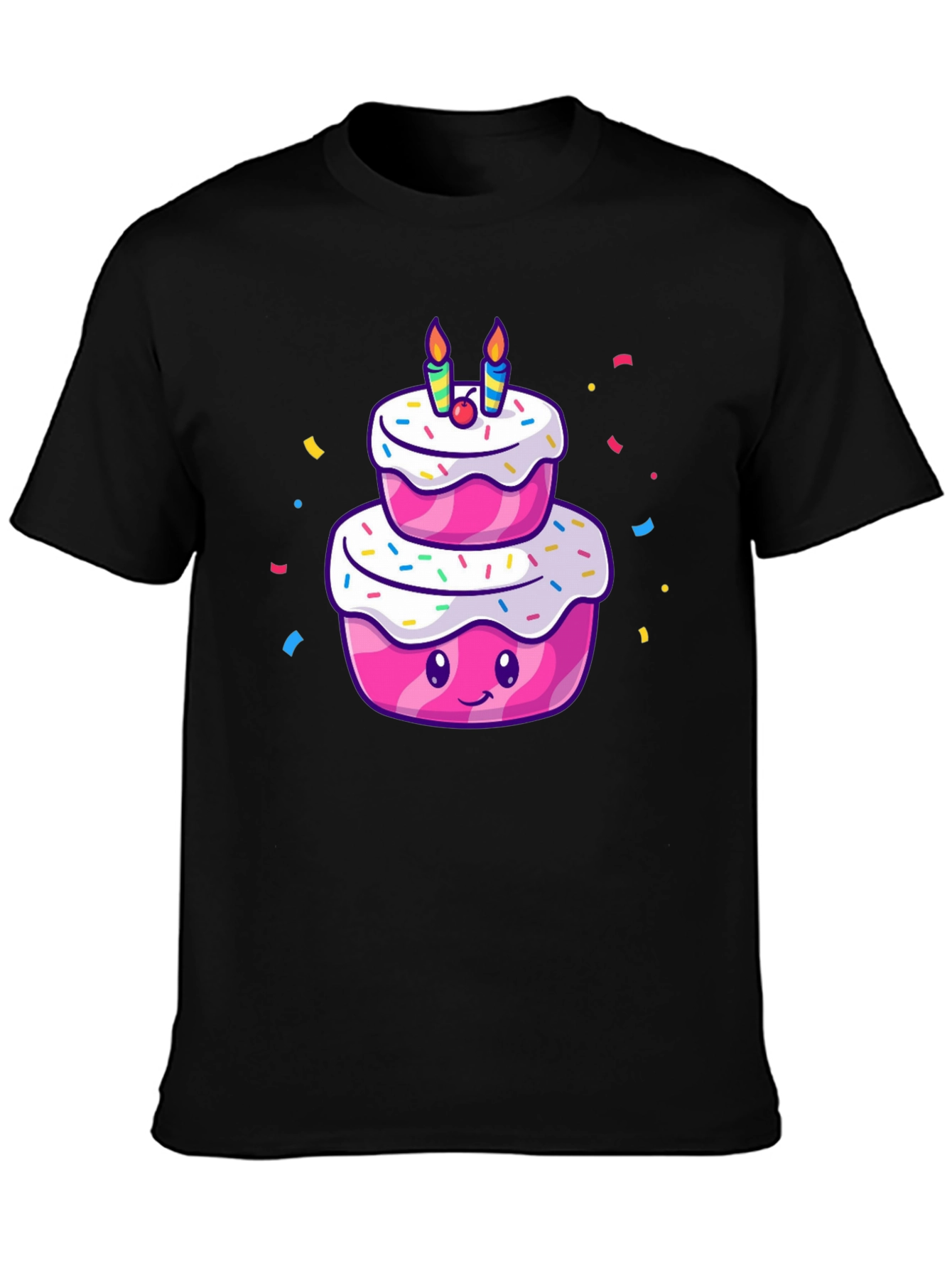 Cartoon Birthday Cake T-Shirt - Black Cotton Tee