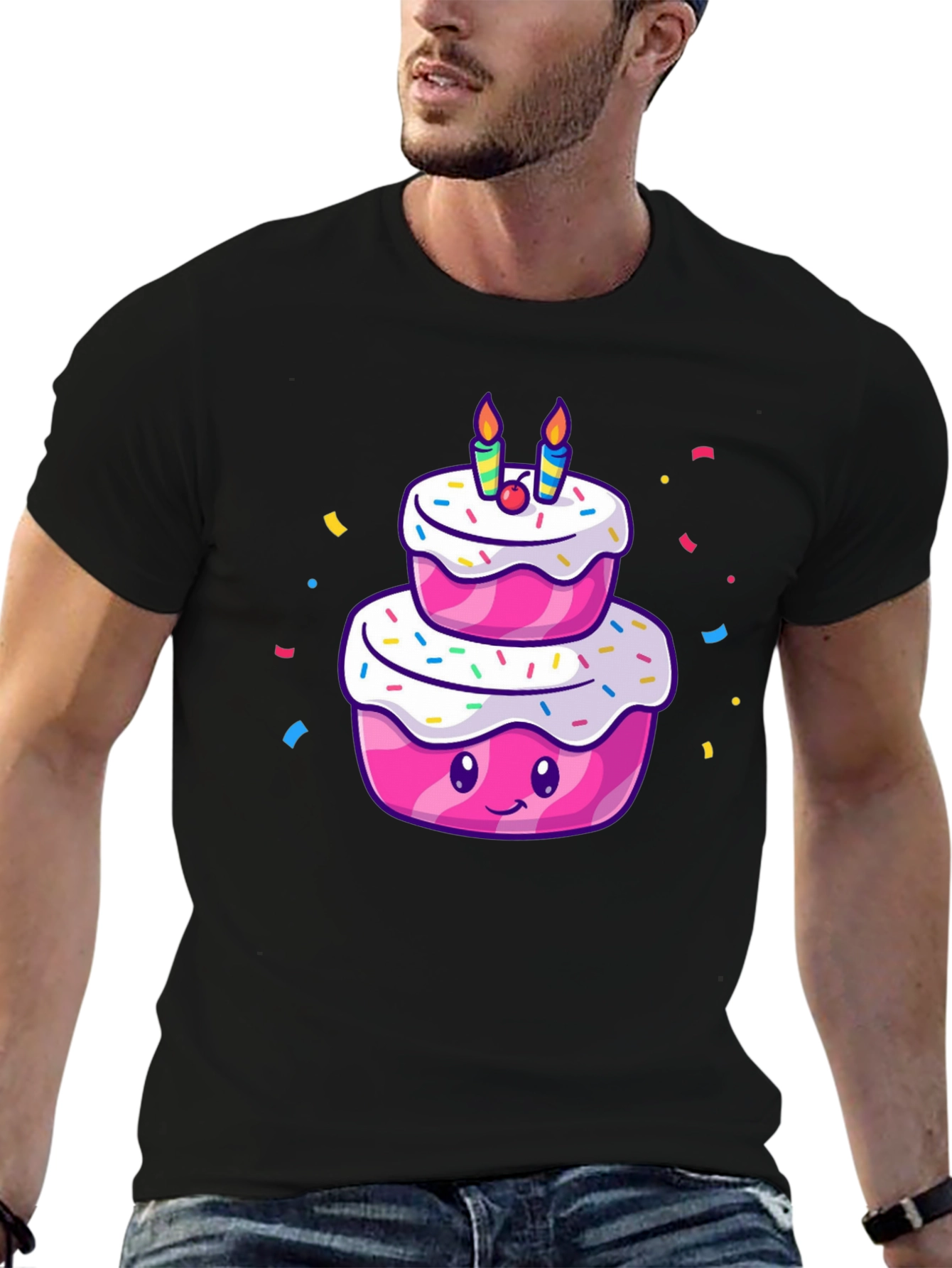 Cartoon Birthday Cake T-Shirt - Black Cotton Tee