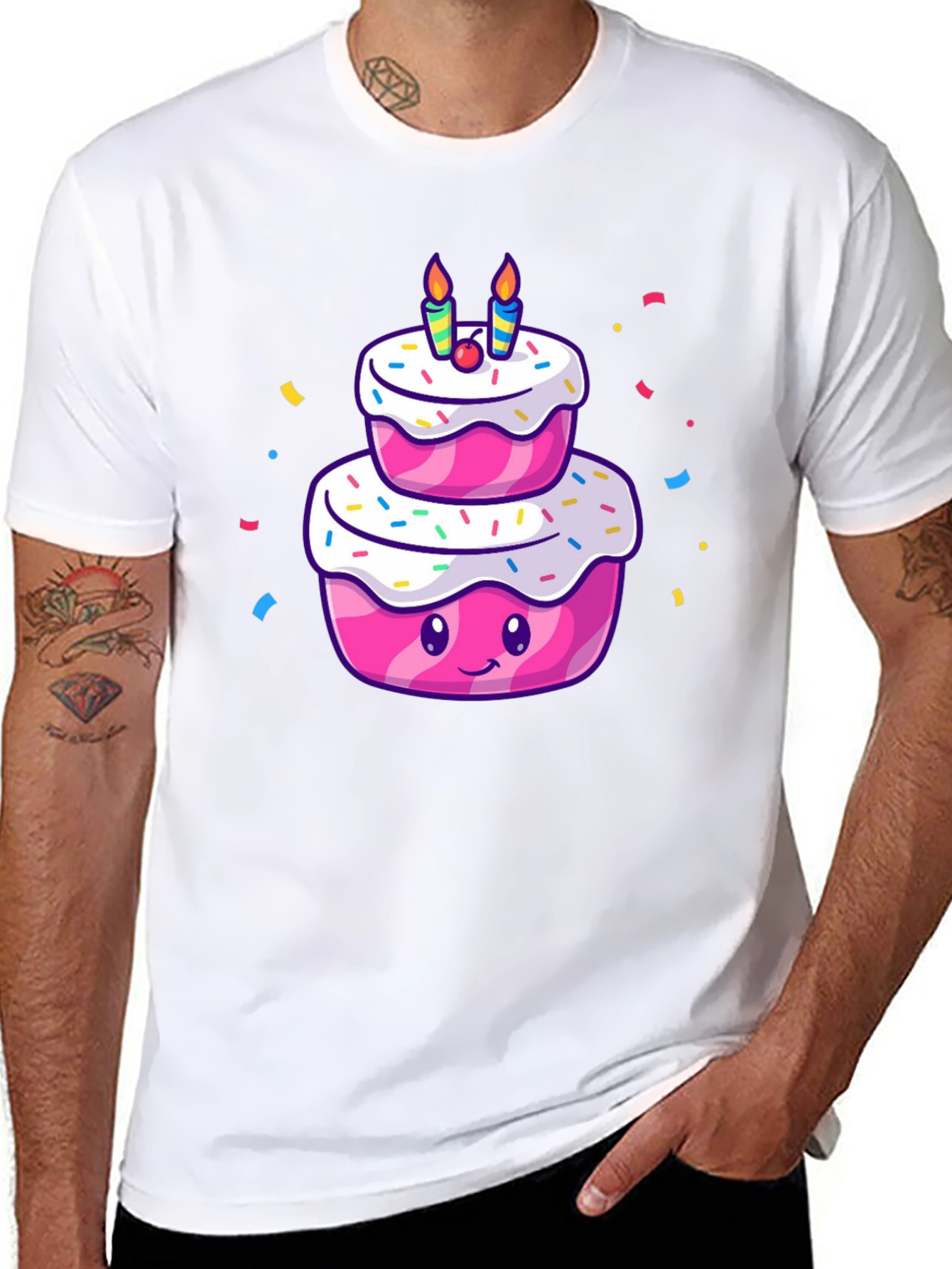 Cartoon Birthday Cake T-Shirt - Black Cotton Tee