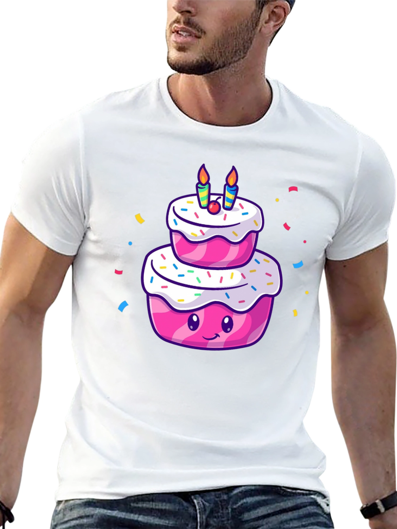 Cartoon Birthday Cake T-Shirt - Black Cotton Tee