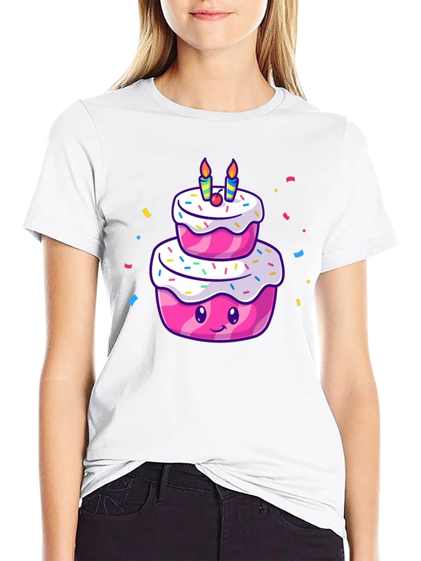 Cartoon Birthday Cake T-Shirt - Black Cotton Tee