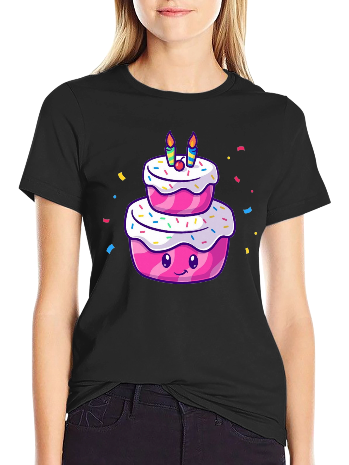 Cartoon Birthday Cake T-Shirt - Black Cotton Tee