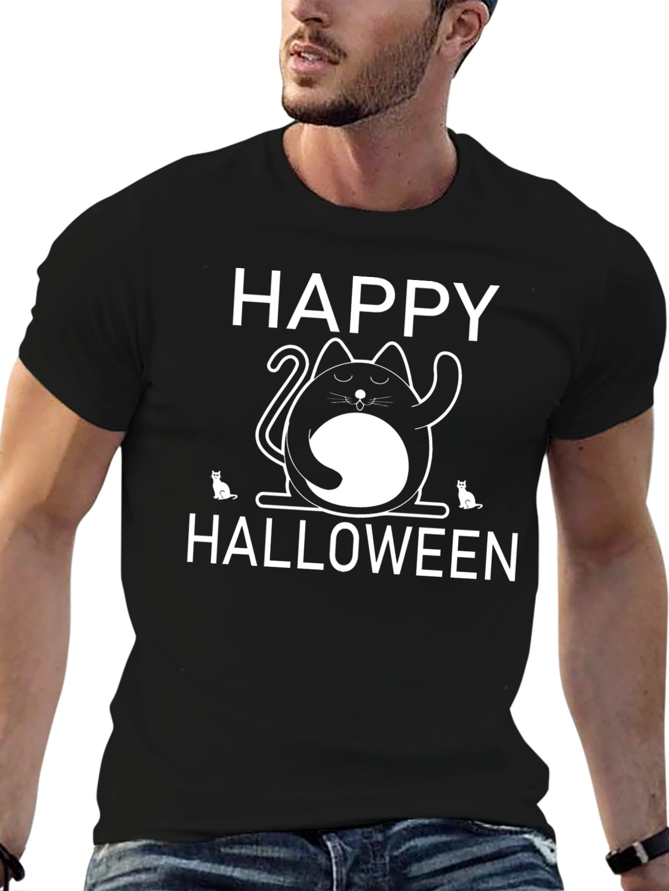 Happy Halloween Cat T-Shirt Black Crew Neck Tee