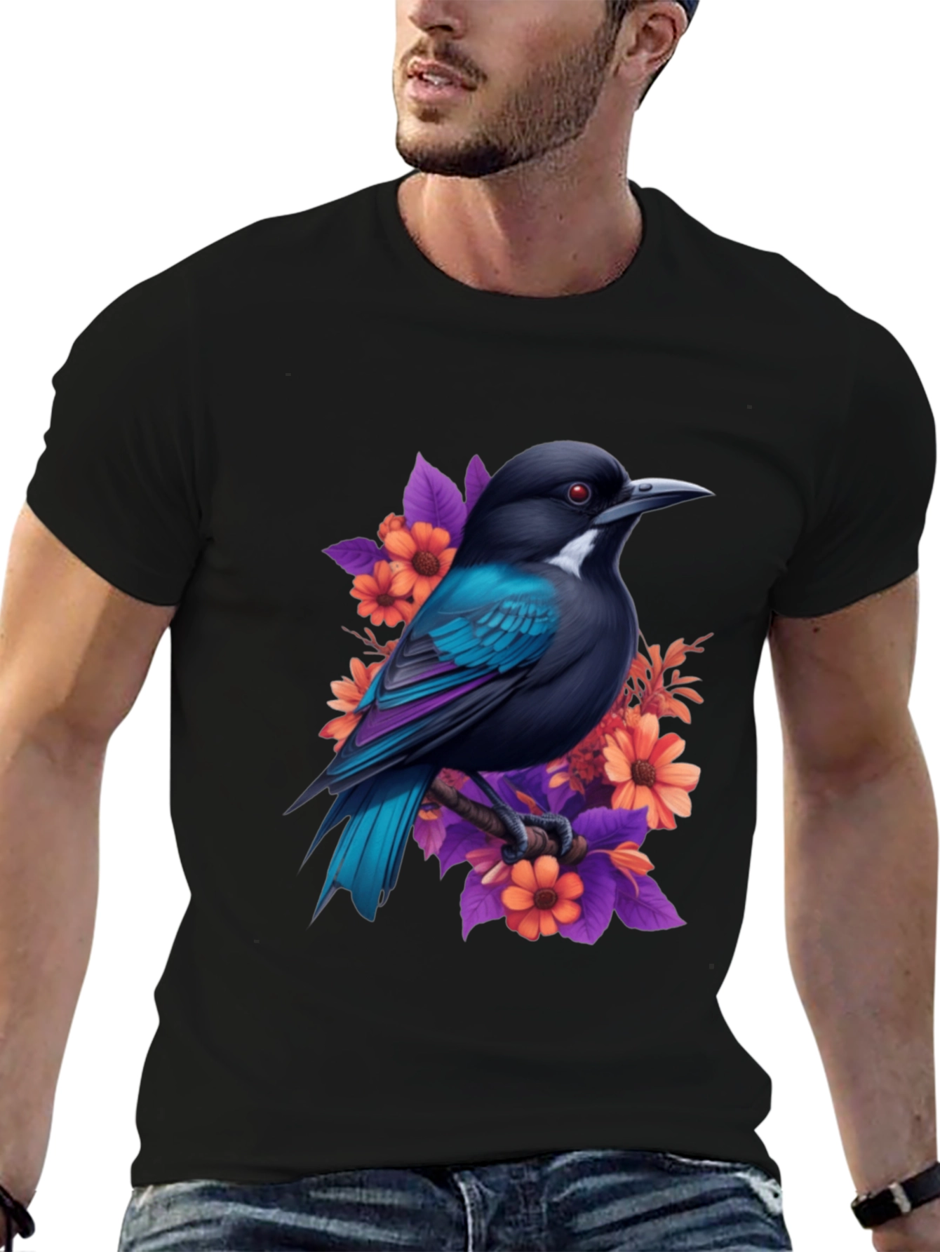 Floral Bird Print Black T-Shirt