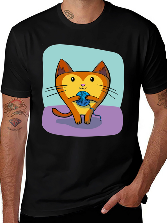 Cute Cat with Yarn Ball Graphic Tee - Black T-Shirt