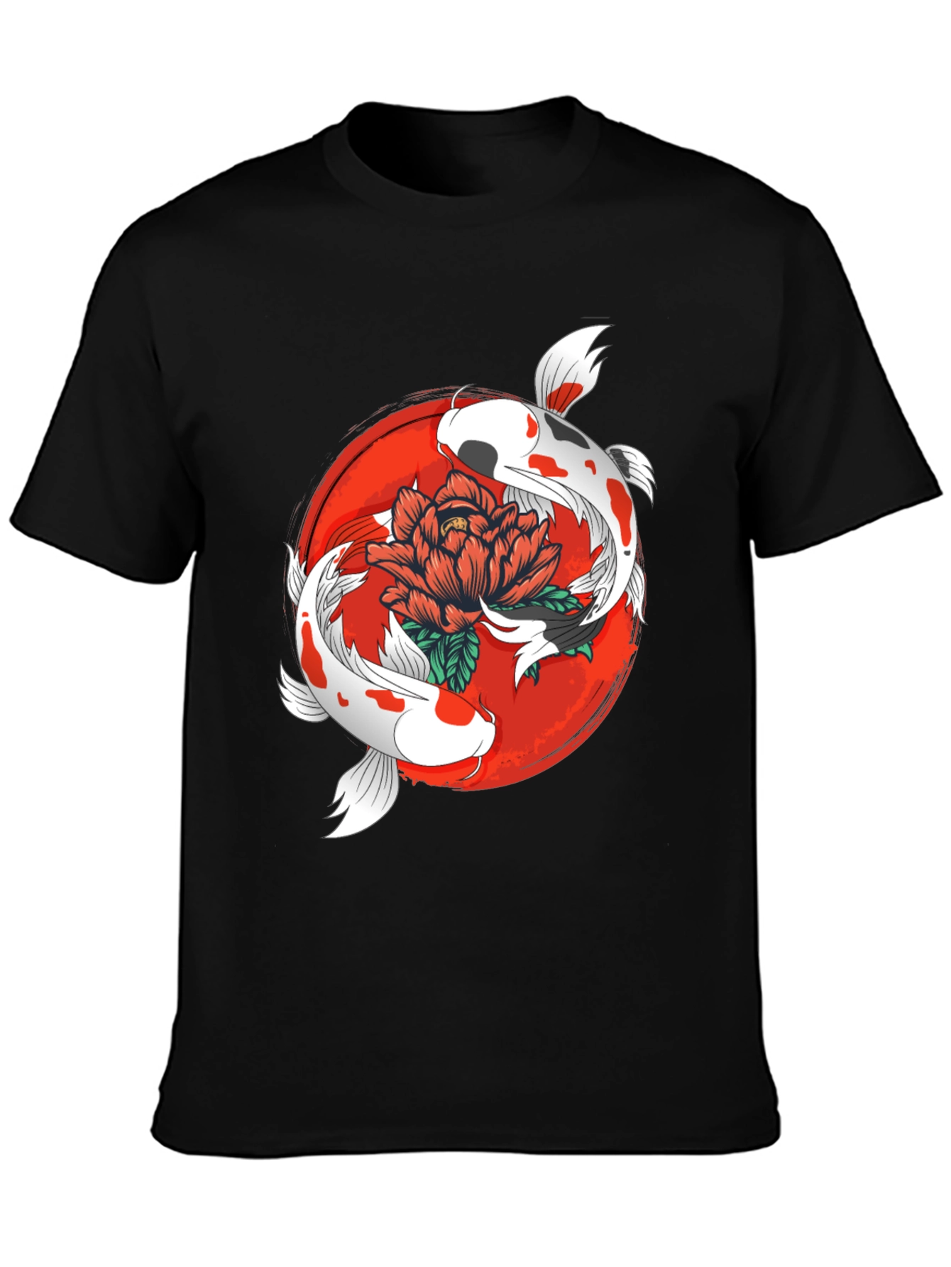 Koi Fish & Floral Graphic Black T-Shirt