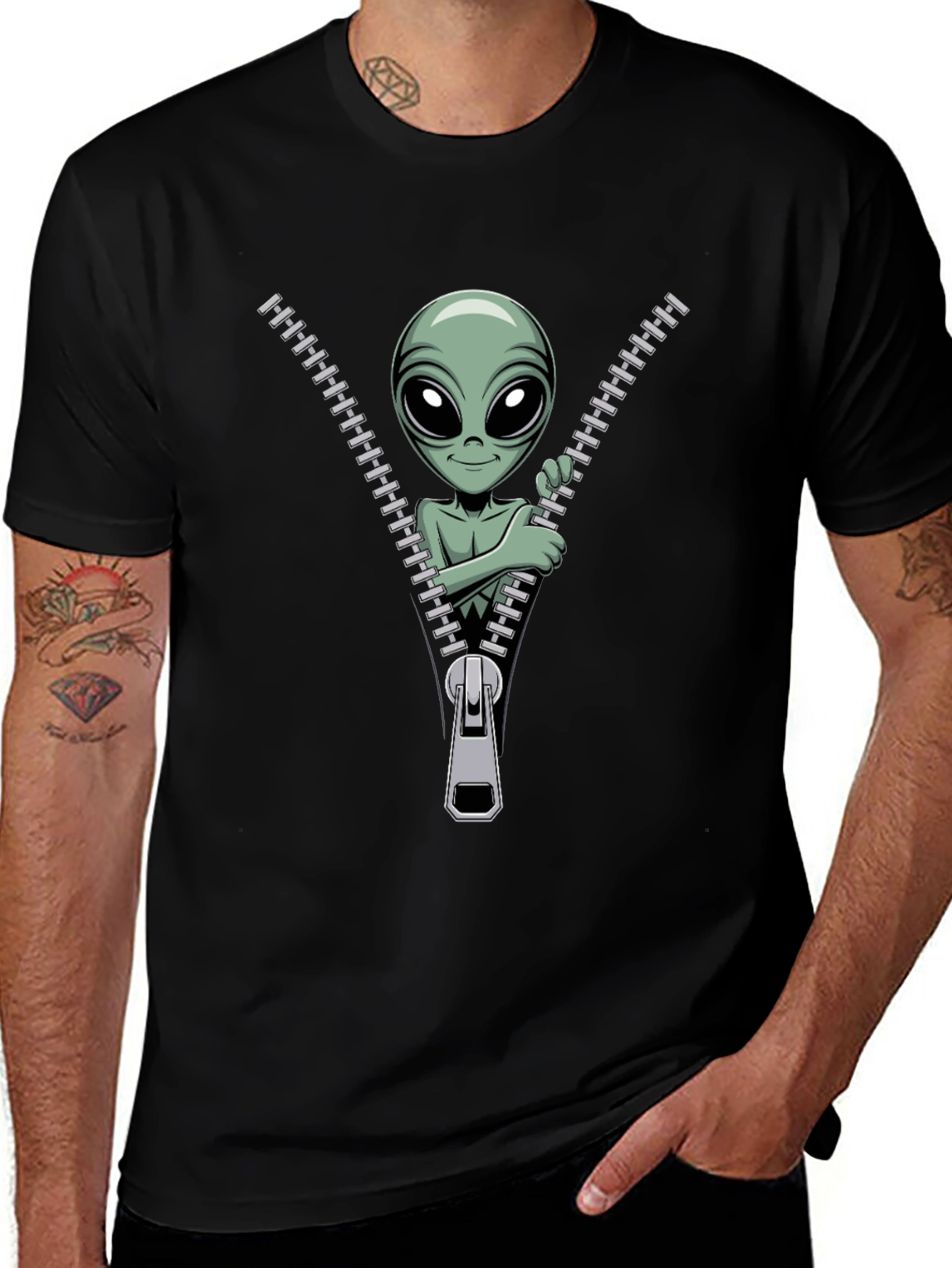 Alien Zipper T-Shirt - Funny Graphic Tee