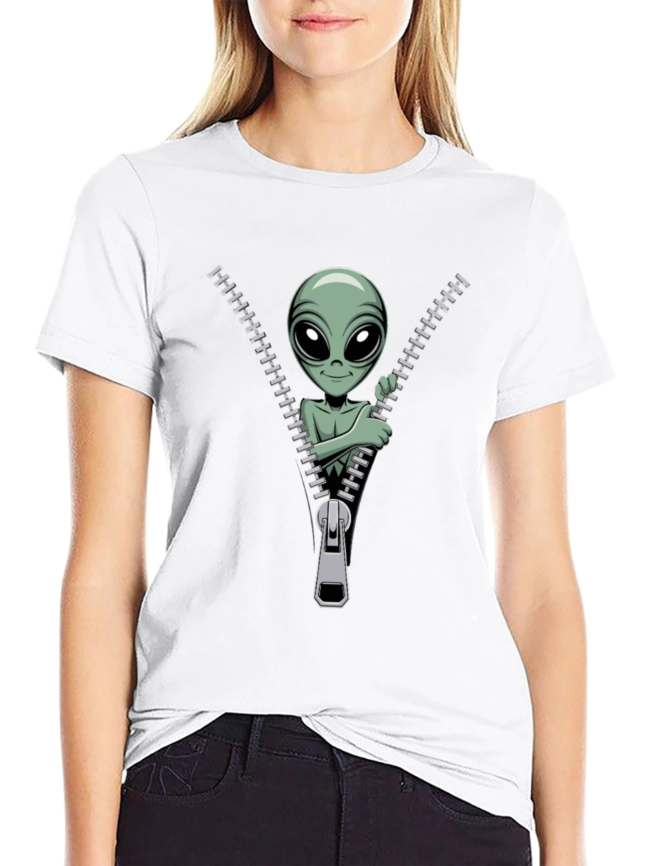Alien Zipper T-Shirt - Funny Graphic Tee