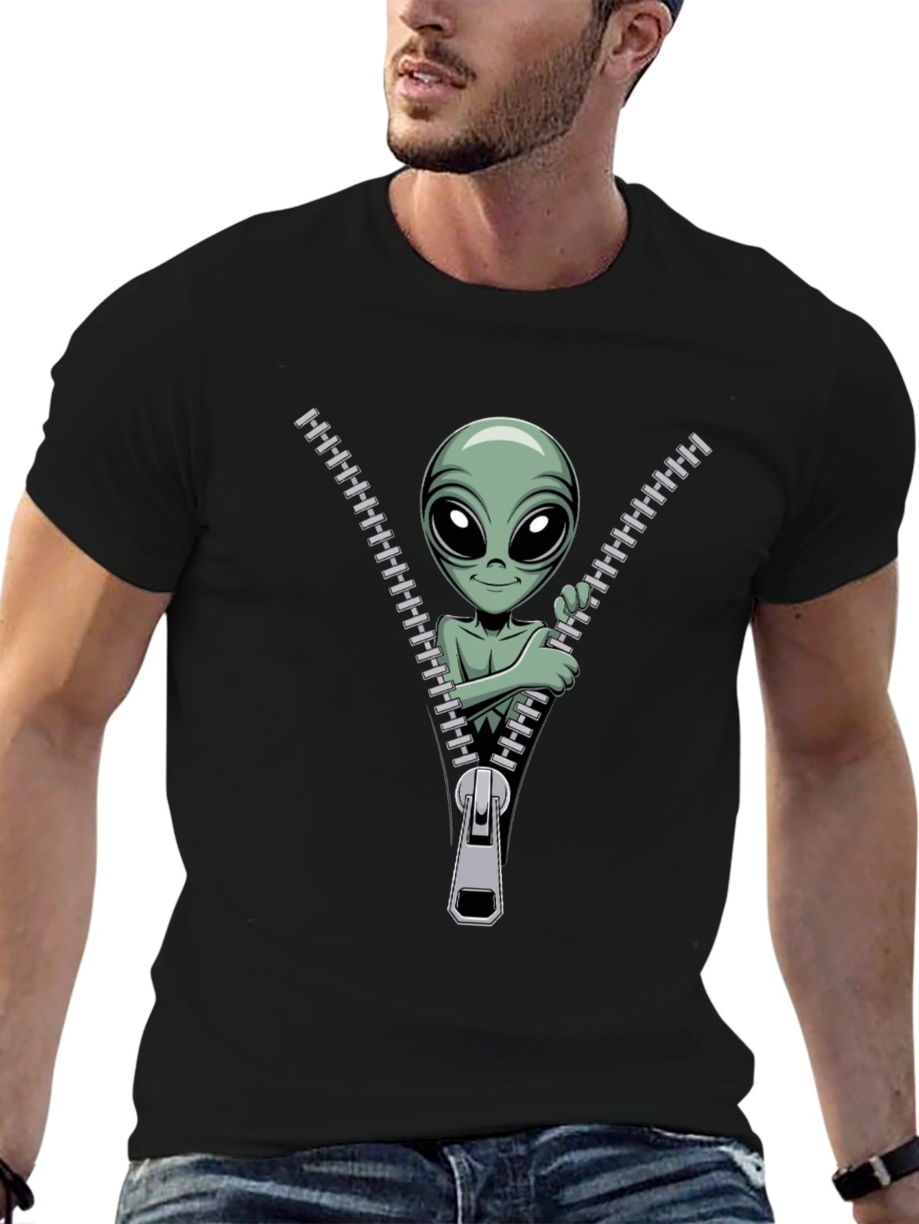 Alien Zipper T-Shirt - Funny Graphic Tee