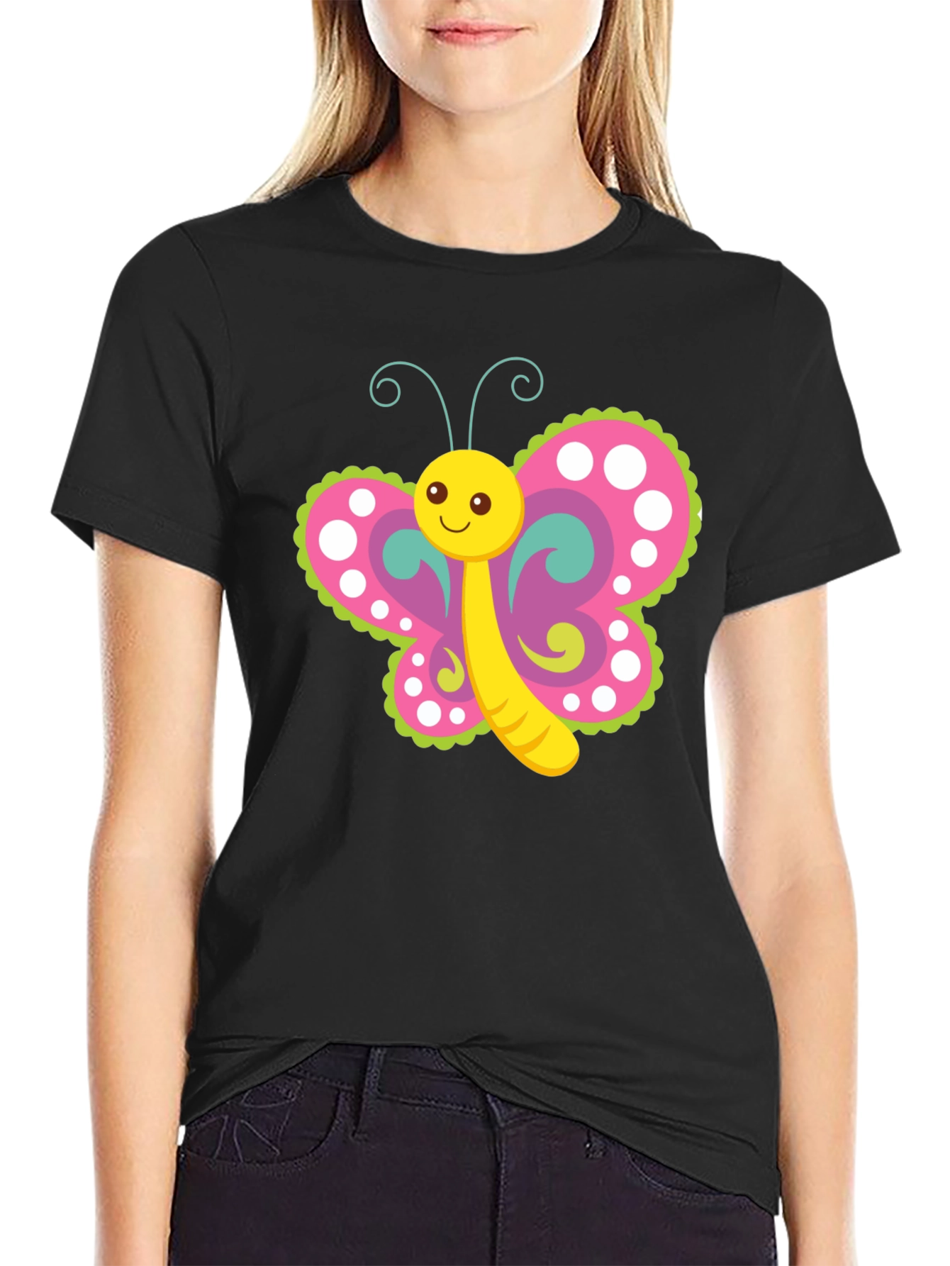 Cartoon Butterfly Graphic T-Shirt - Black