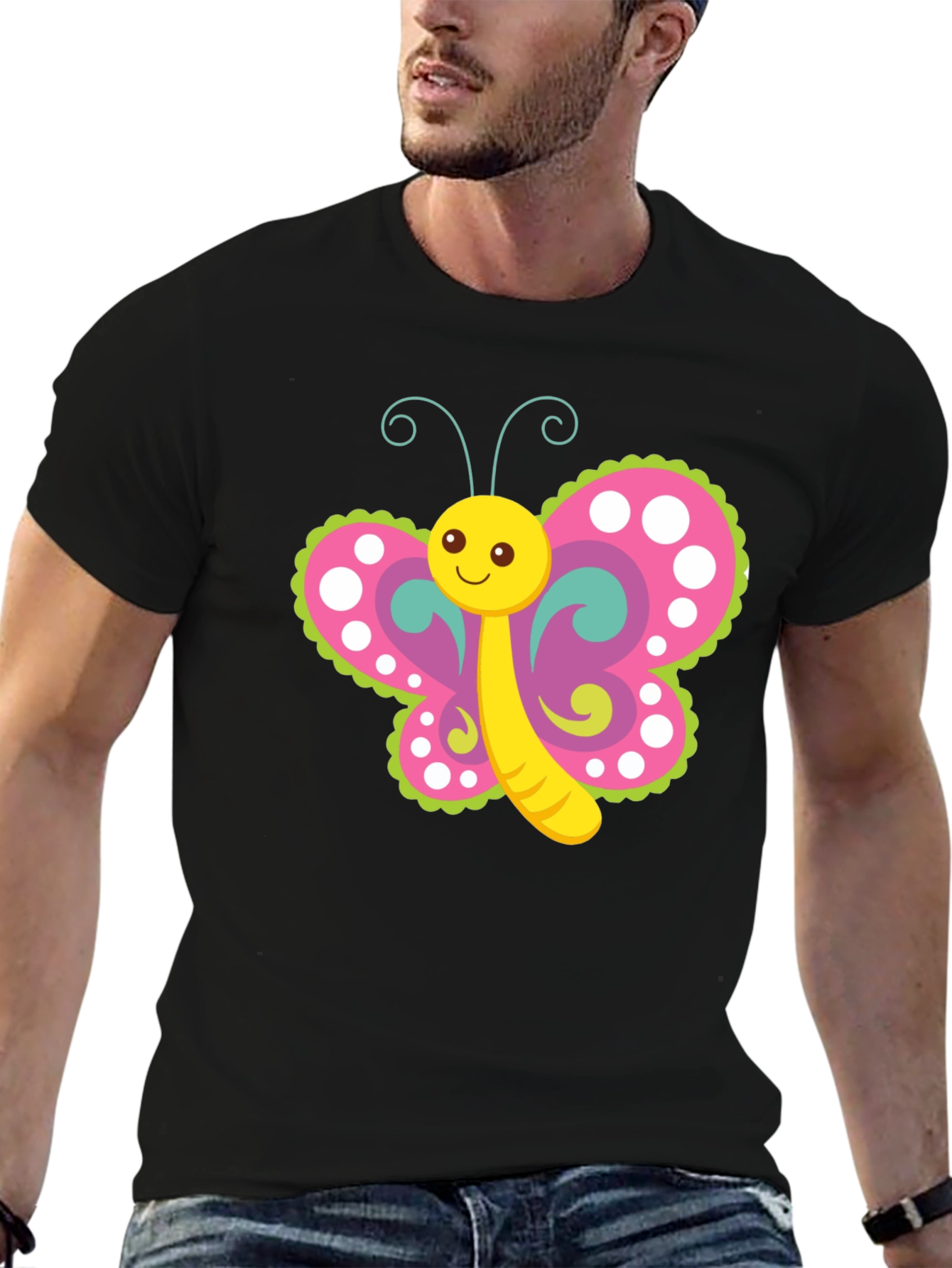 Cartoon Butterfly Graphic T-Shirt - Black
