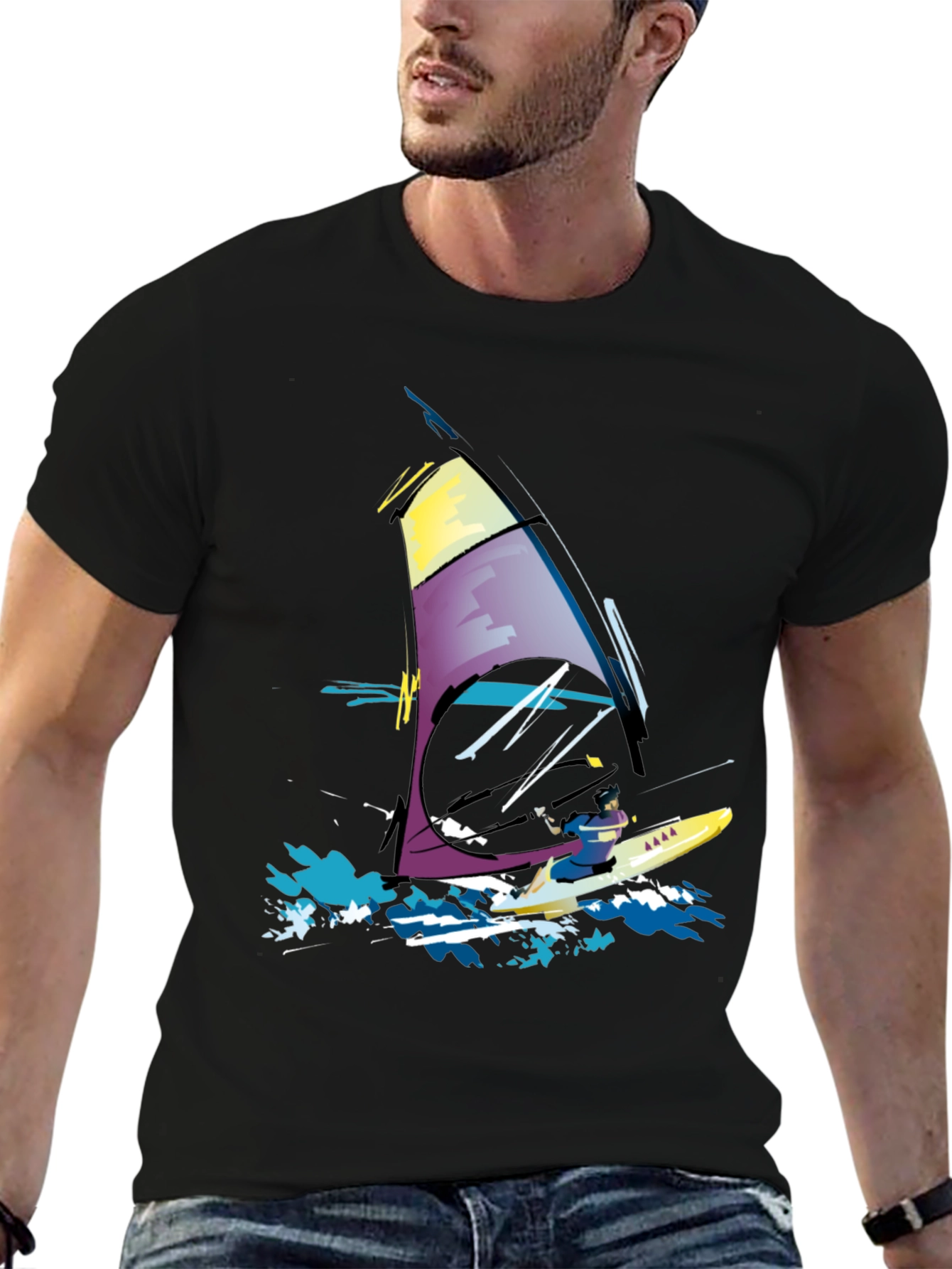 Windsurfing Graphic Tee - Black Cotton T-Shirt