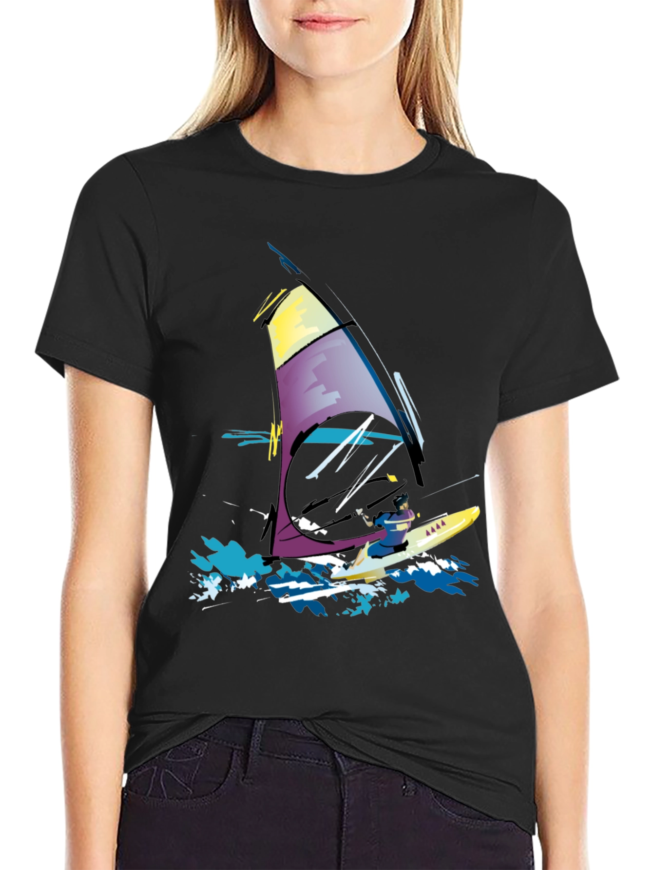 Windsurfing Graphic Tee - Black Cotton T-Shirt