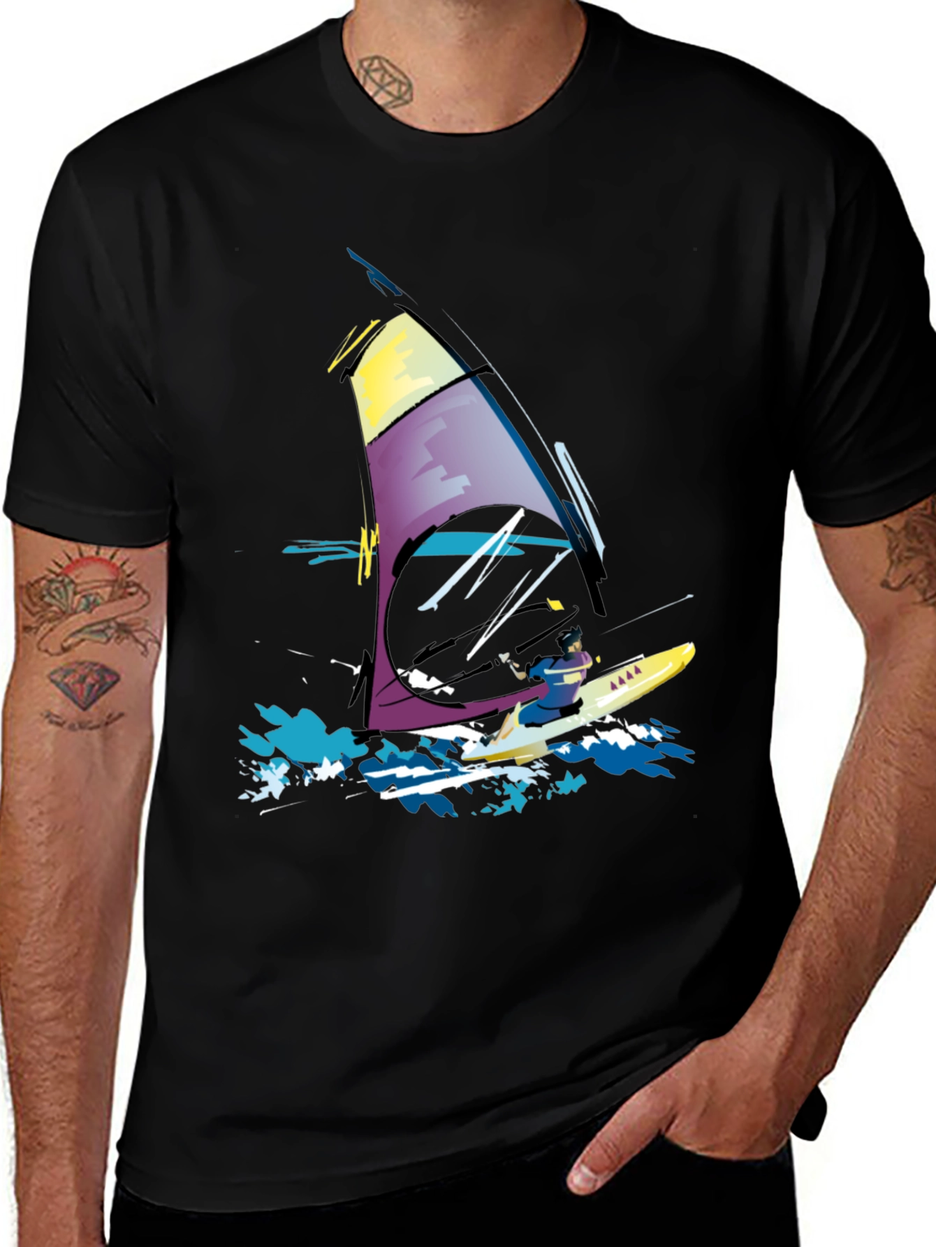Windsurfing Graphic Tee - Black Cotton T-Shirt