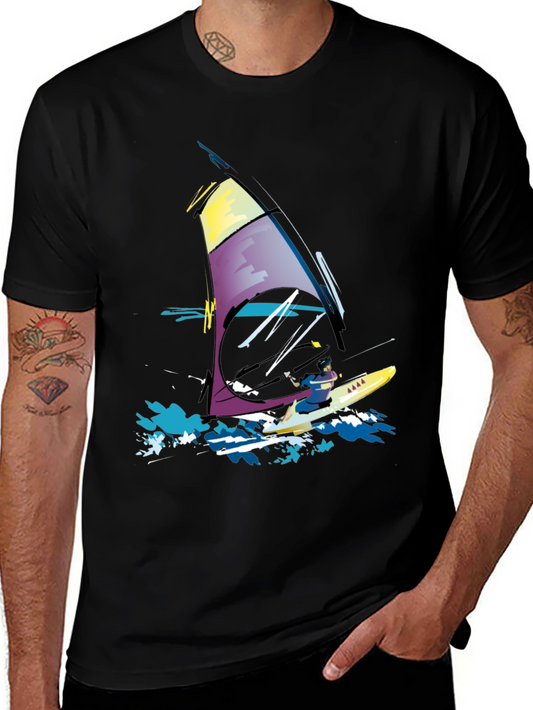 Windsurfing Graphic Tee - Black Cotton T-Shirt