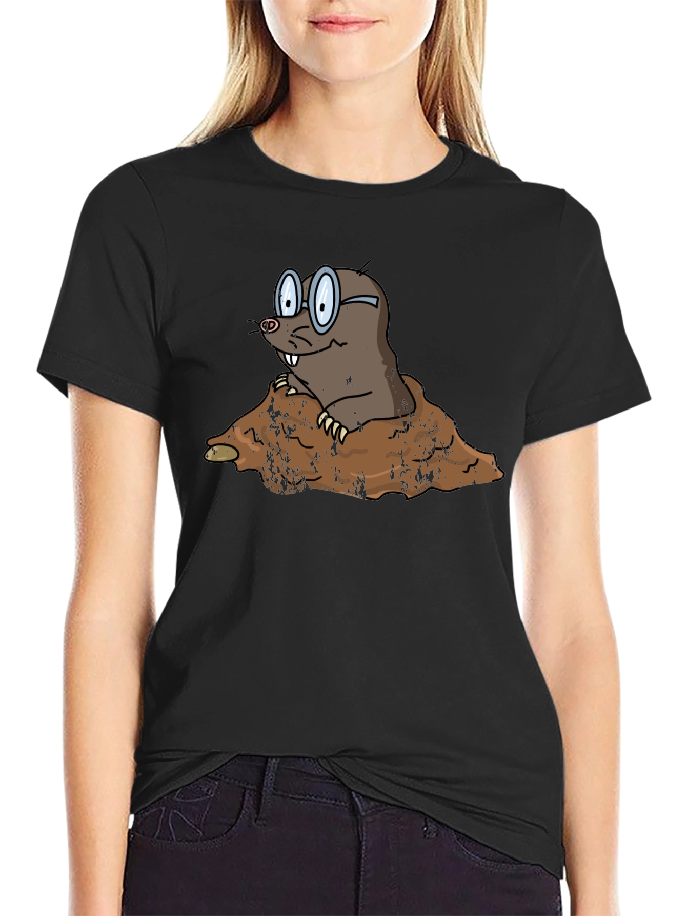 Mole Cartoon Graphic Black T-Shirt
