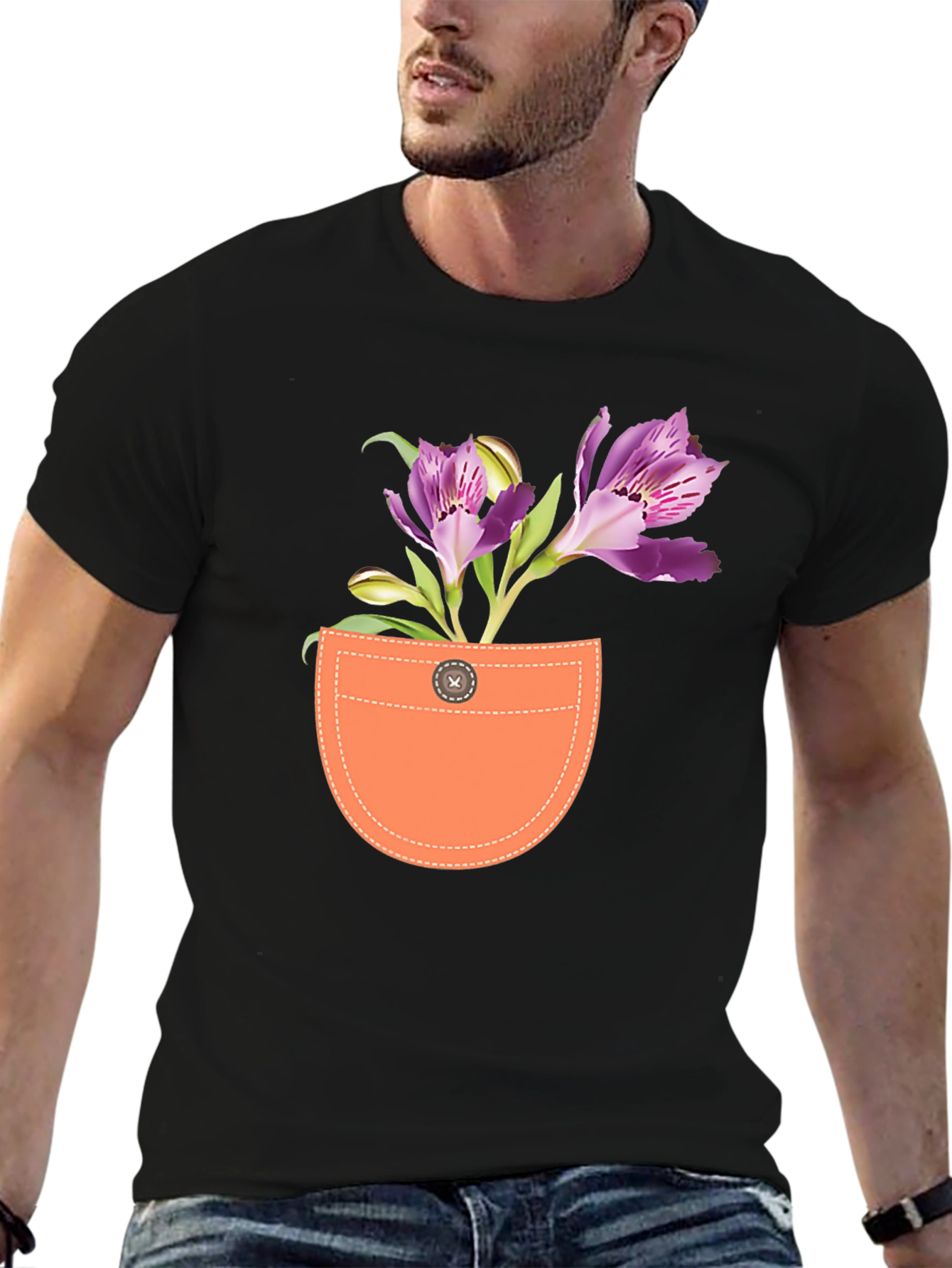 Floral Pocket Graphic Tee - Mens Black T-Shirt