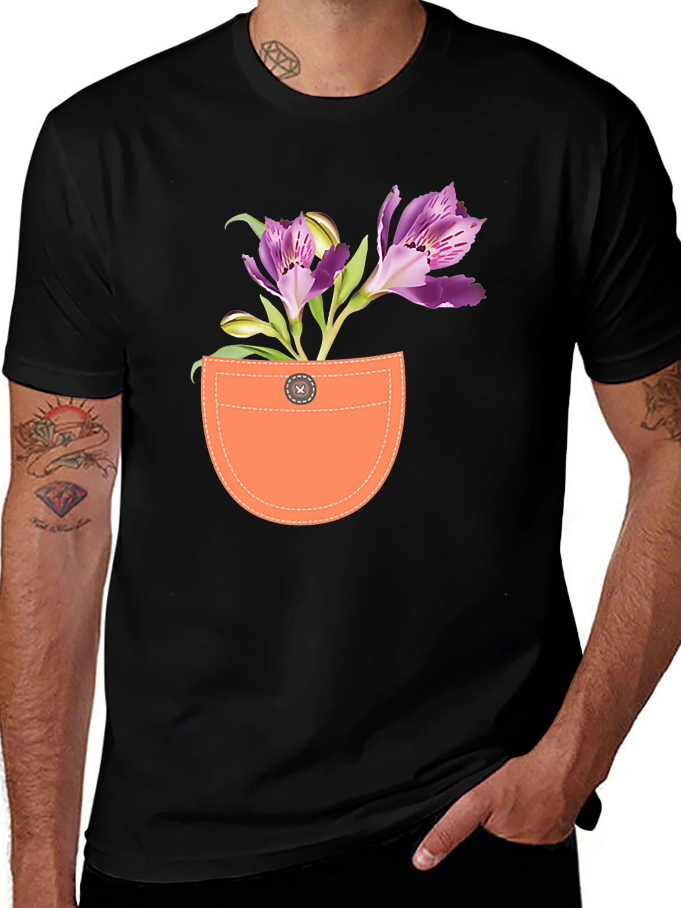 Floral Pocket Graphic Tee - Mens Black T-Shirt