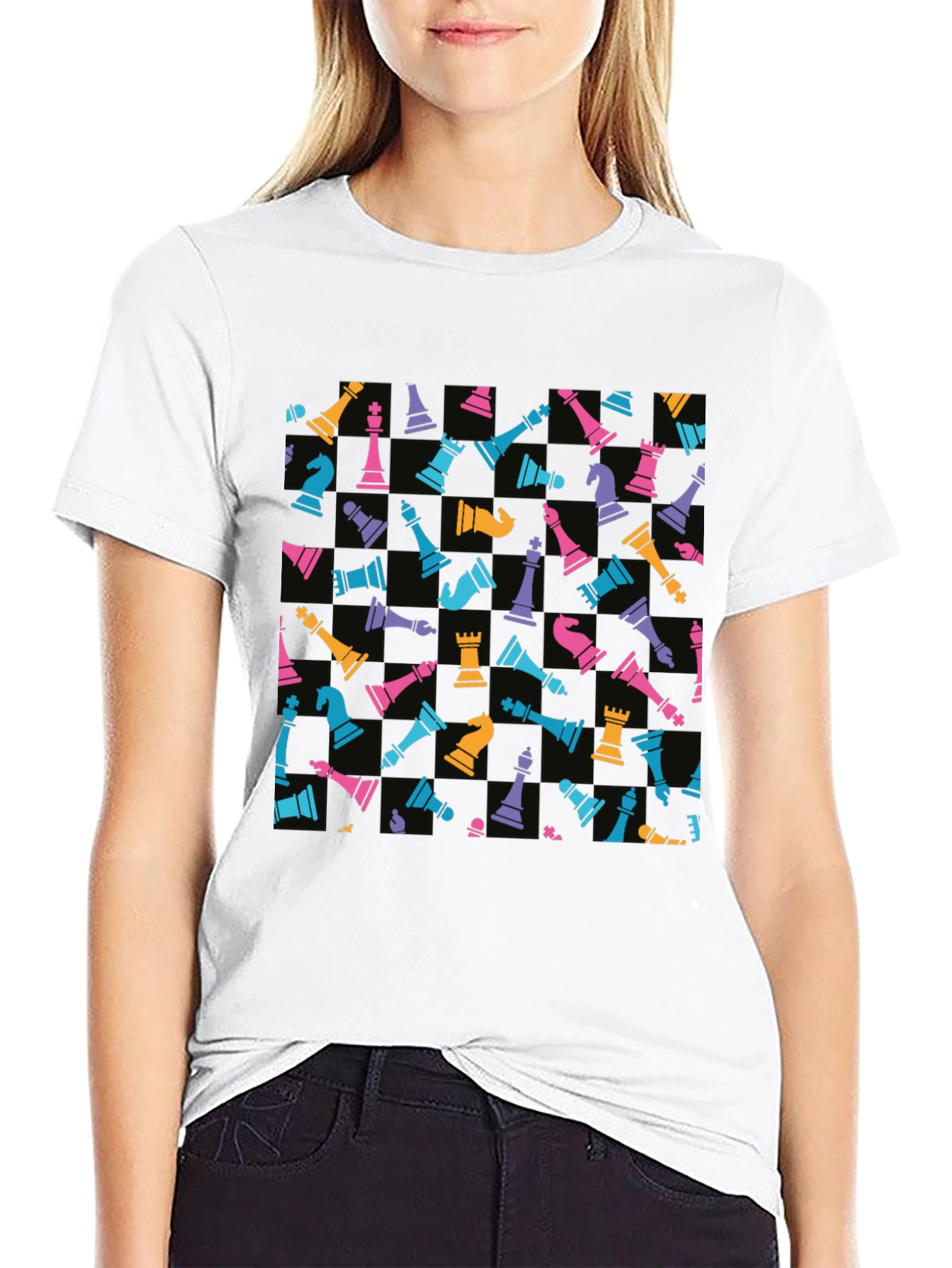 Chess Piece Pattern T-Shirt - Black