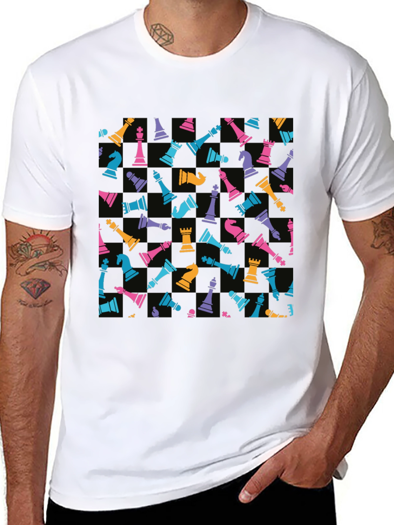 Chess Piece Pattern T-Shirt - Black