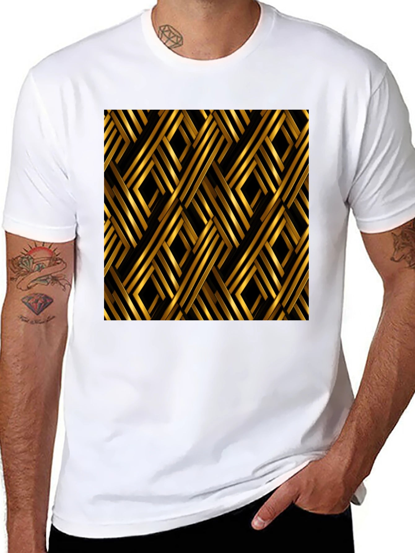 Geometric Gold Pattern Black T-Shirt
