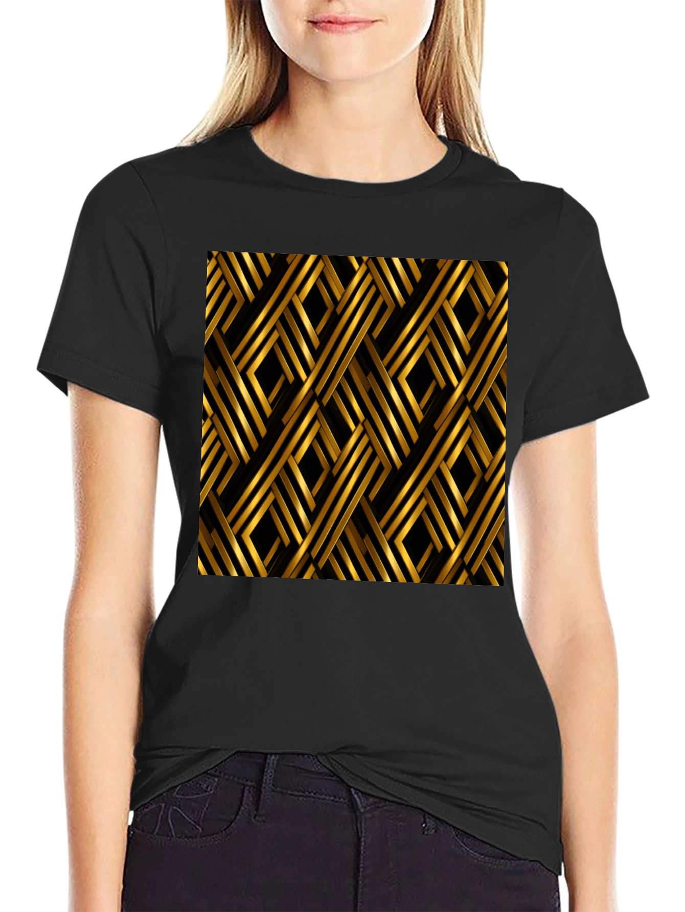 Geometric Gold Pattern Black T-Shirt