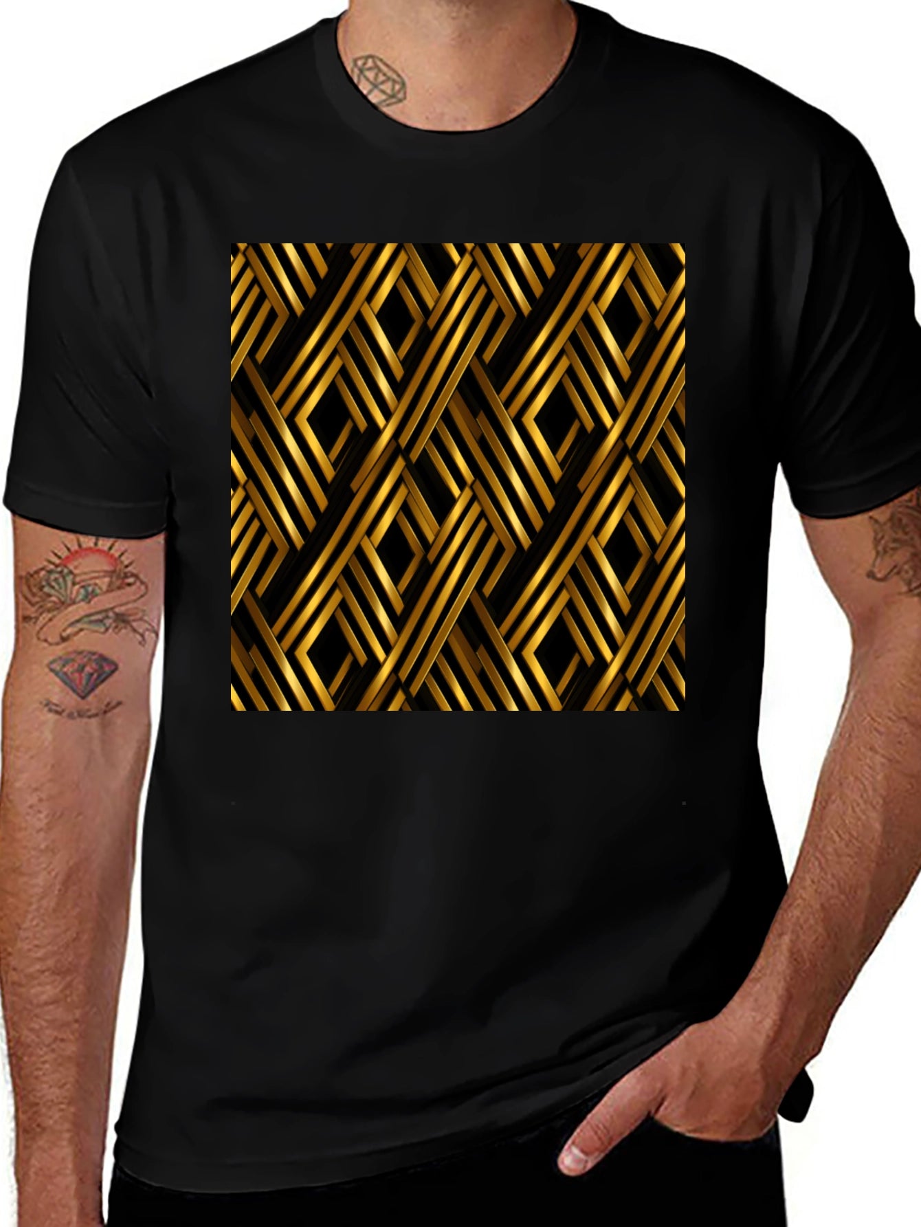Geometric Gold Pattern Black T-Shirt