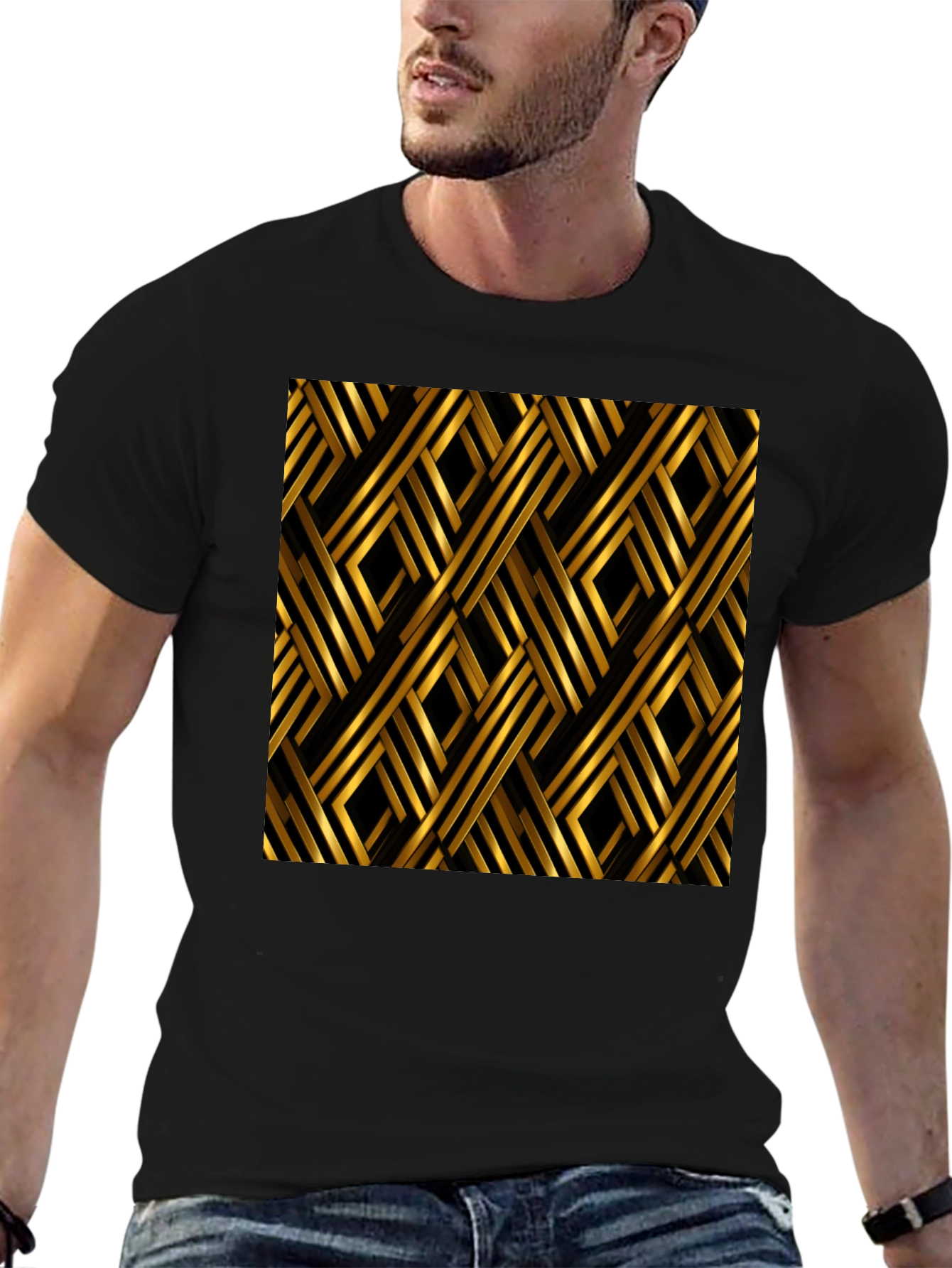 Geometric Gold Pattern Black T-Shirt