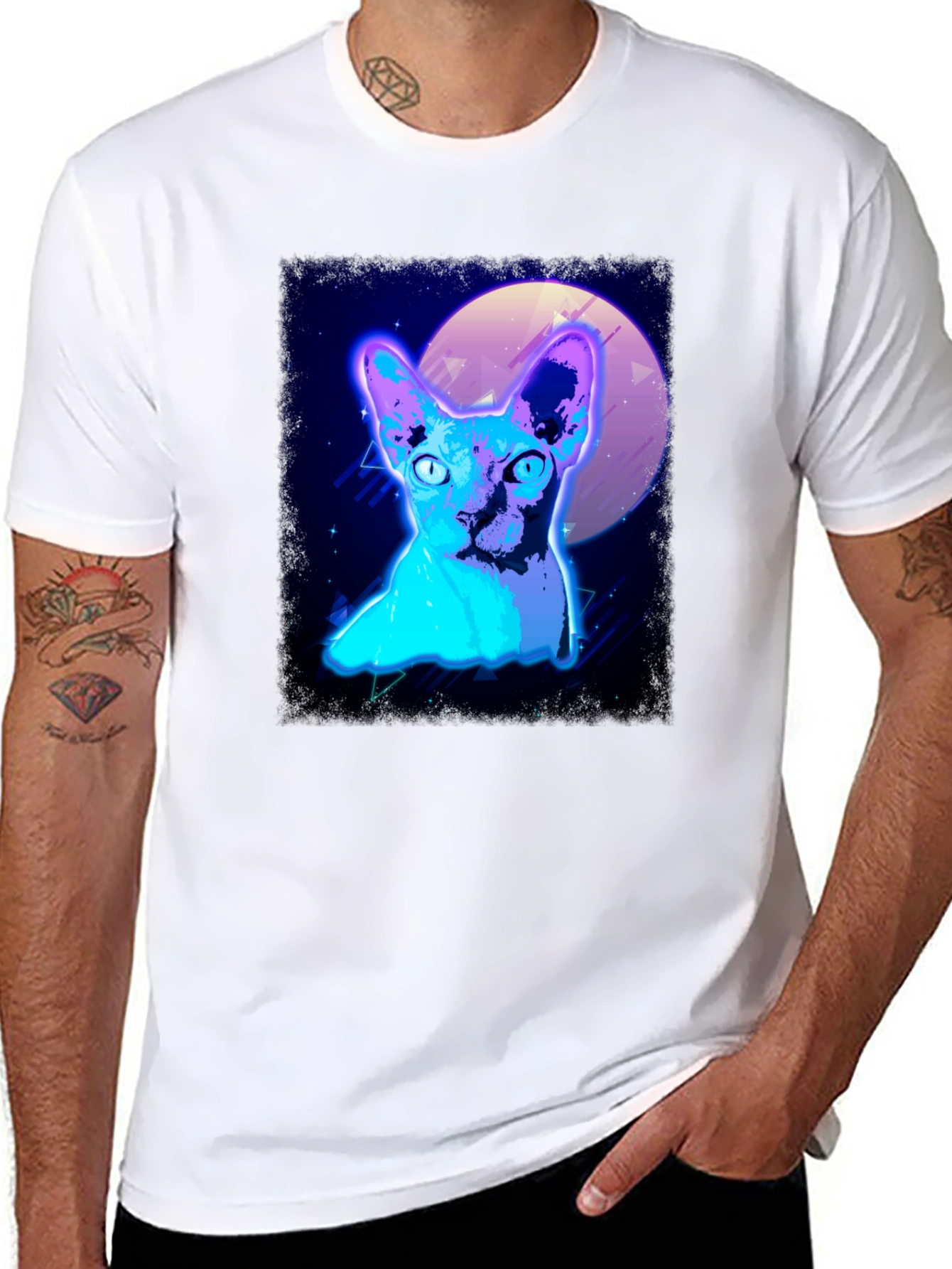 Retro Synthwave Cat Graphic Tee - Black T-Shirt