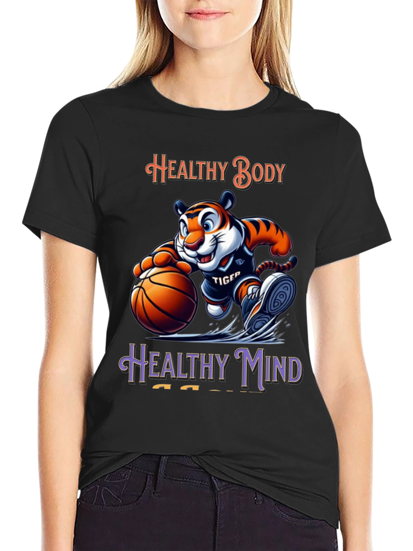 Healthy Body Healthy Mind Black T-Shirt Tiger Basketball Design