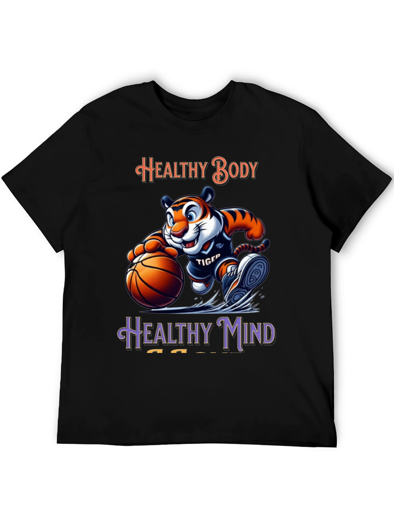 Healthy Body Healthy Mind Black T-Shirt Tiger Basketball Design