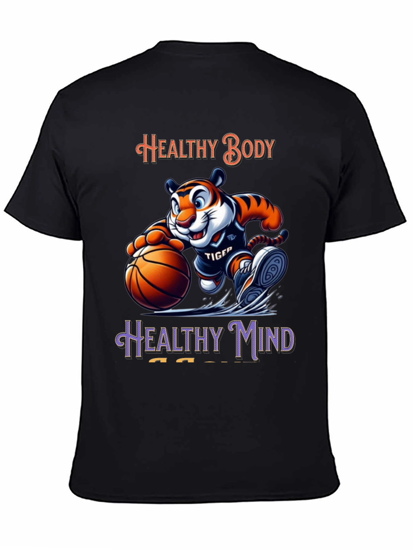 Healthy Body Healthy Mind Black T-Shirt Tiger Basketball Design