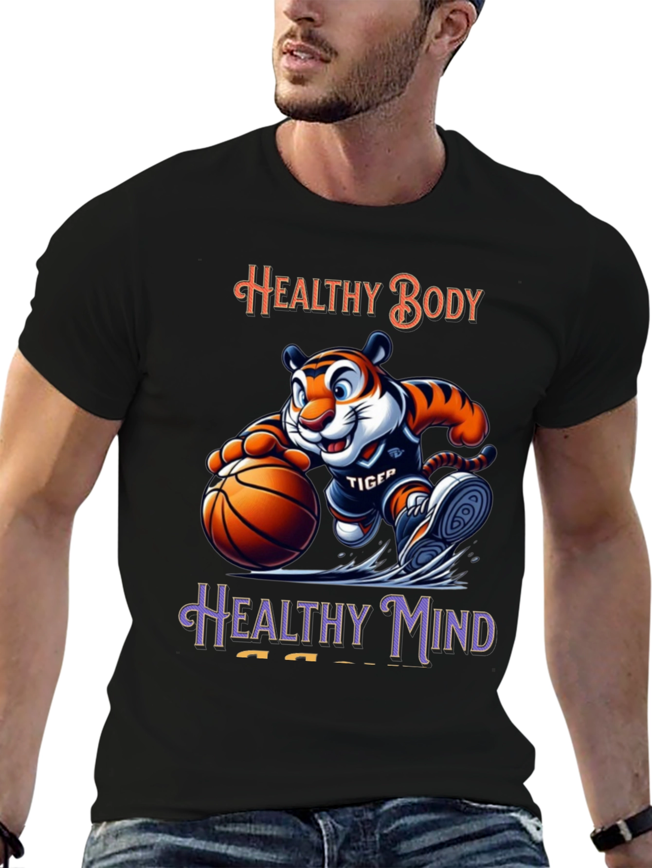 Healthy Body Healthy Mind Black T-Shirt Tiger Basketball Design