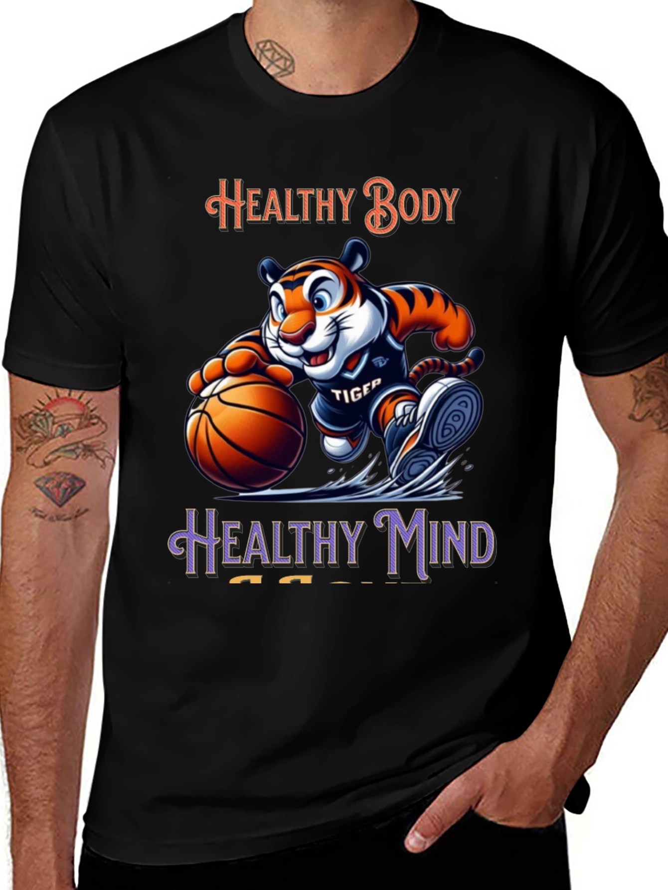 Healthy Body Healthy Mind Black T-Shirt Tiger Basketball Design
