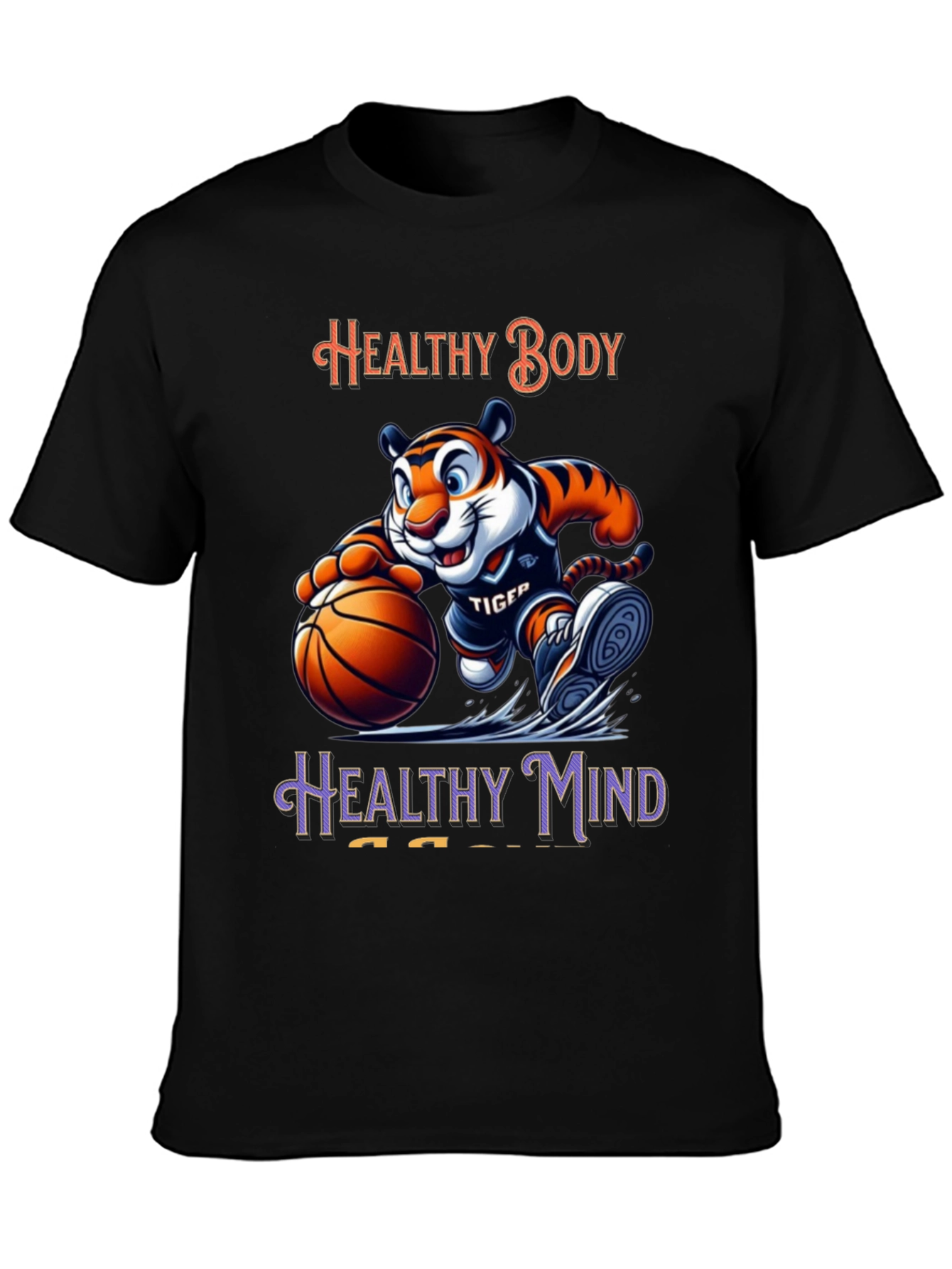 Healthy Body Healthy Mind Black T-Shirt Tiger Basketball Design