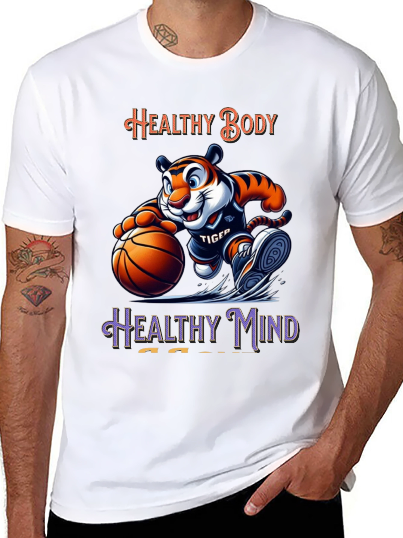 Healthy Body Healthy Mind Black T-Shirt Tiger Basketball Design
