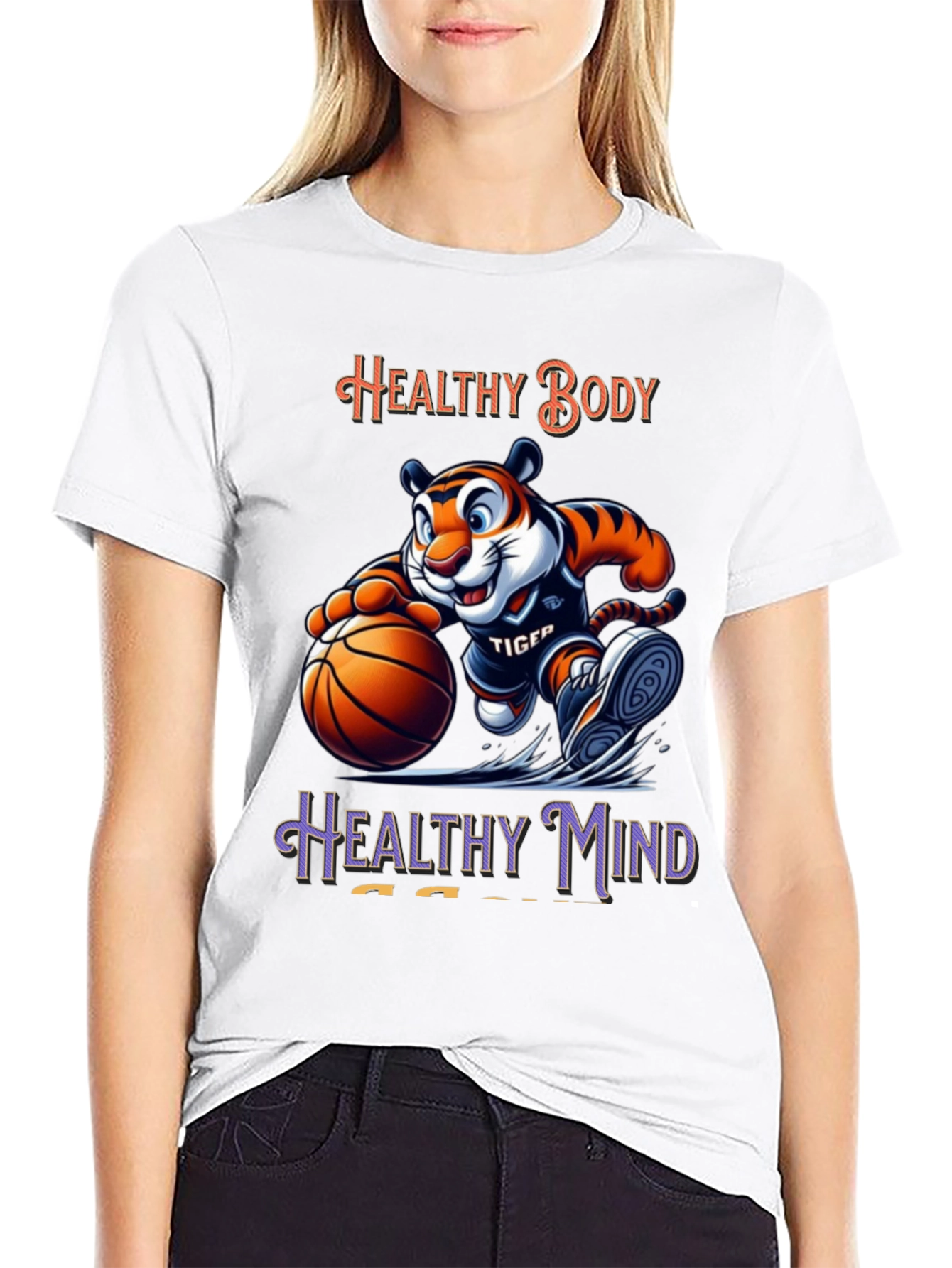 Healthy Body Healthy Mind Black T-Shirt Tiger Basketball Design