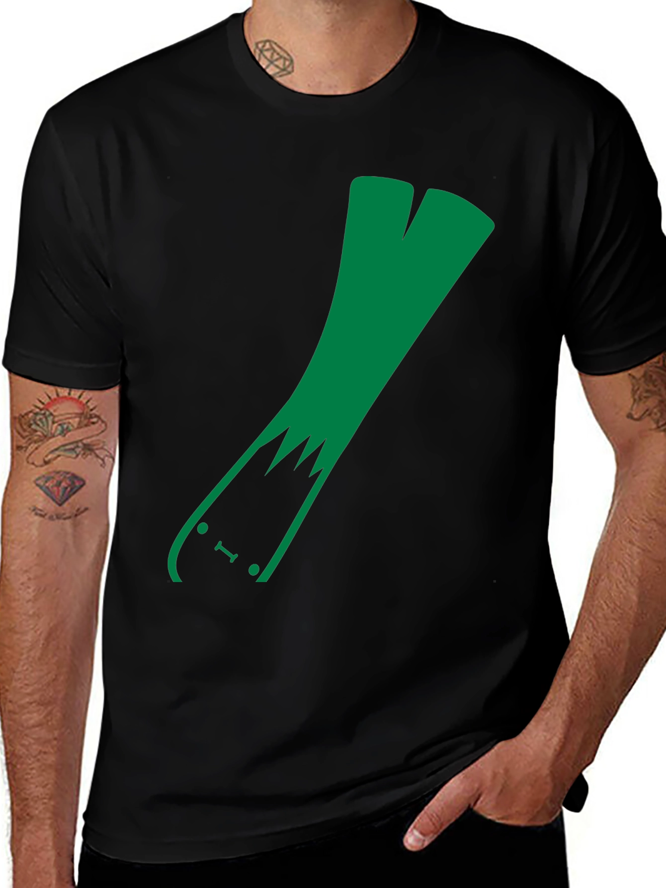 Green Leek Skateboarder Black T-Shirt