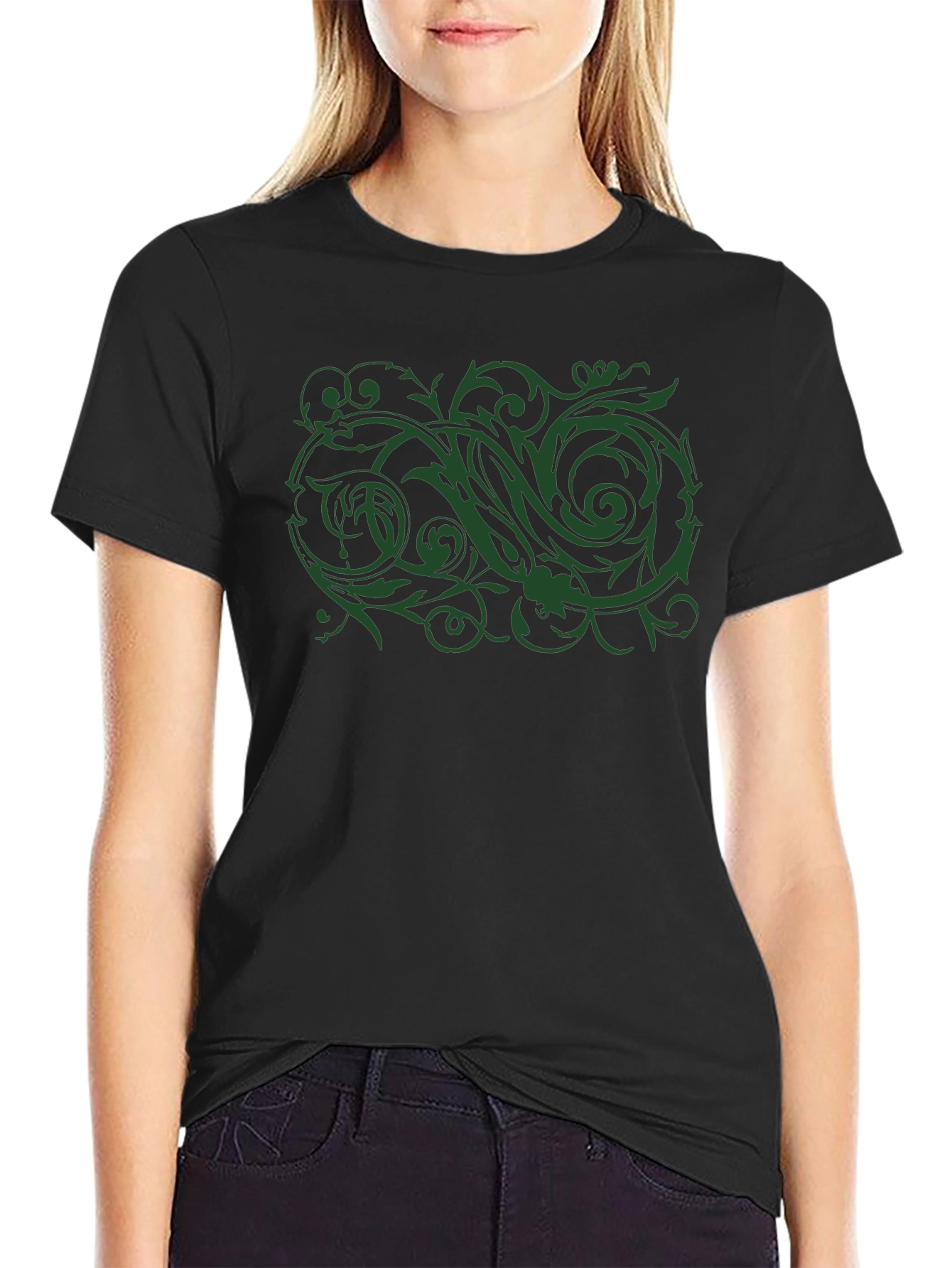 Mens Black T-Shirt with Green Floral Design
